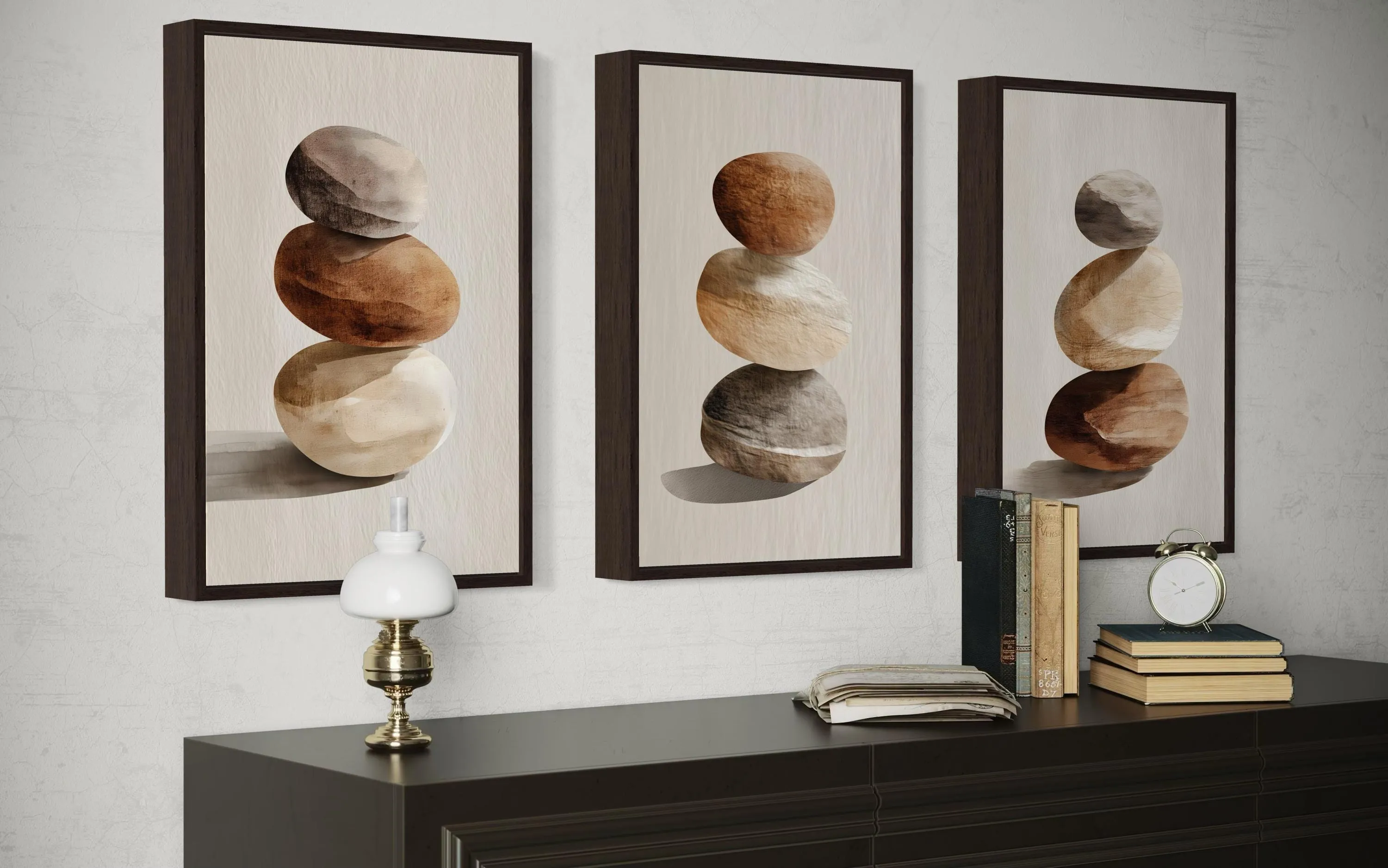 Set Of 3 Minimalist Calming Neutral Stacked Stones Wall Art