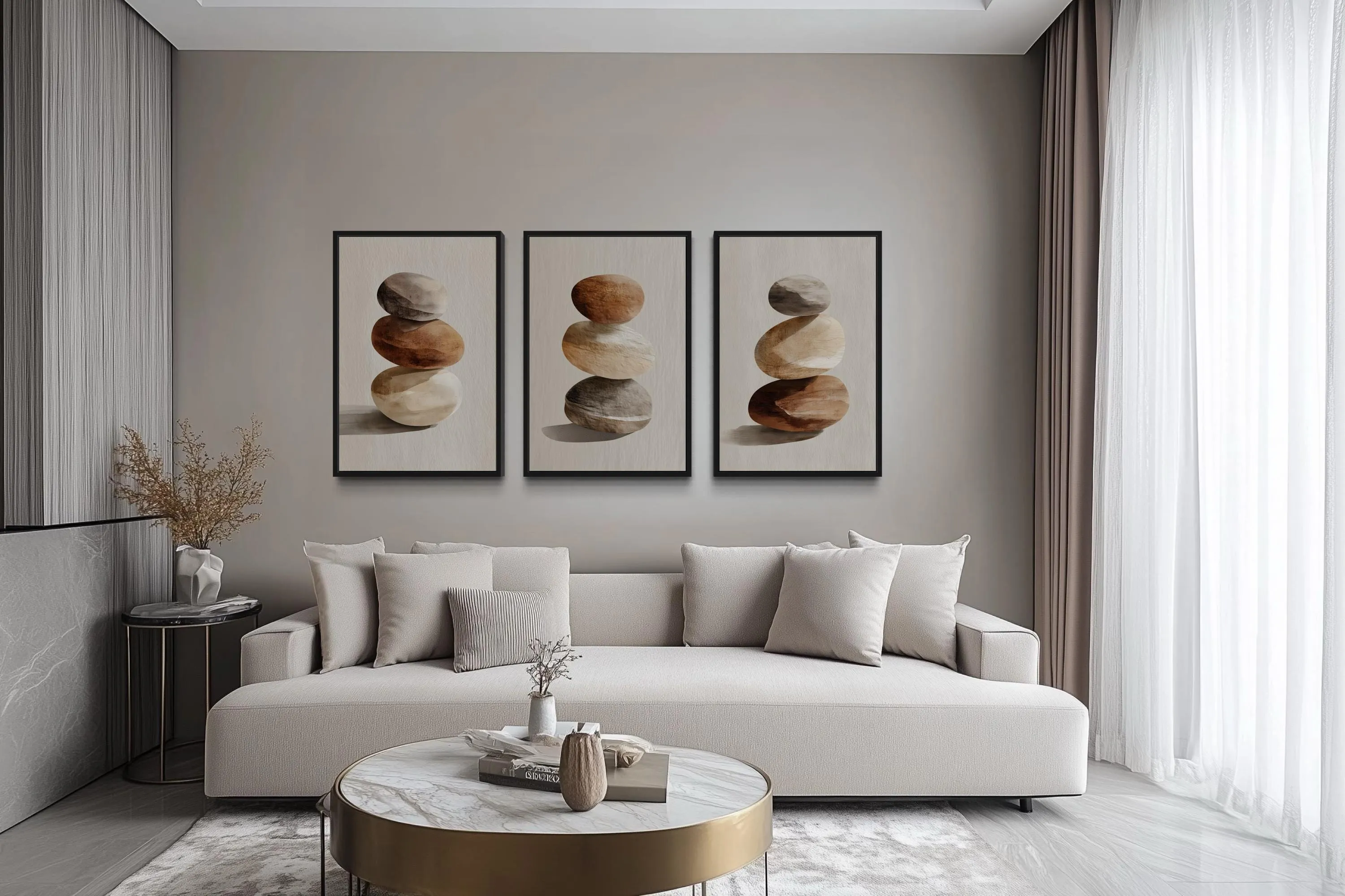 Set Of 3 Minimalist Calming Neutral Stacked Stones Wall Art