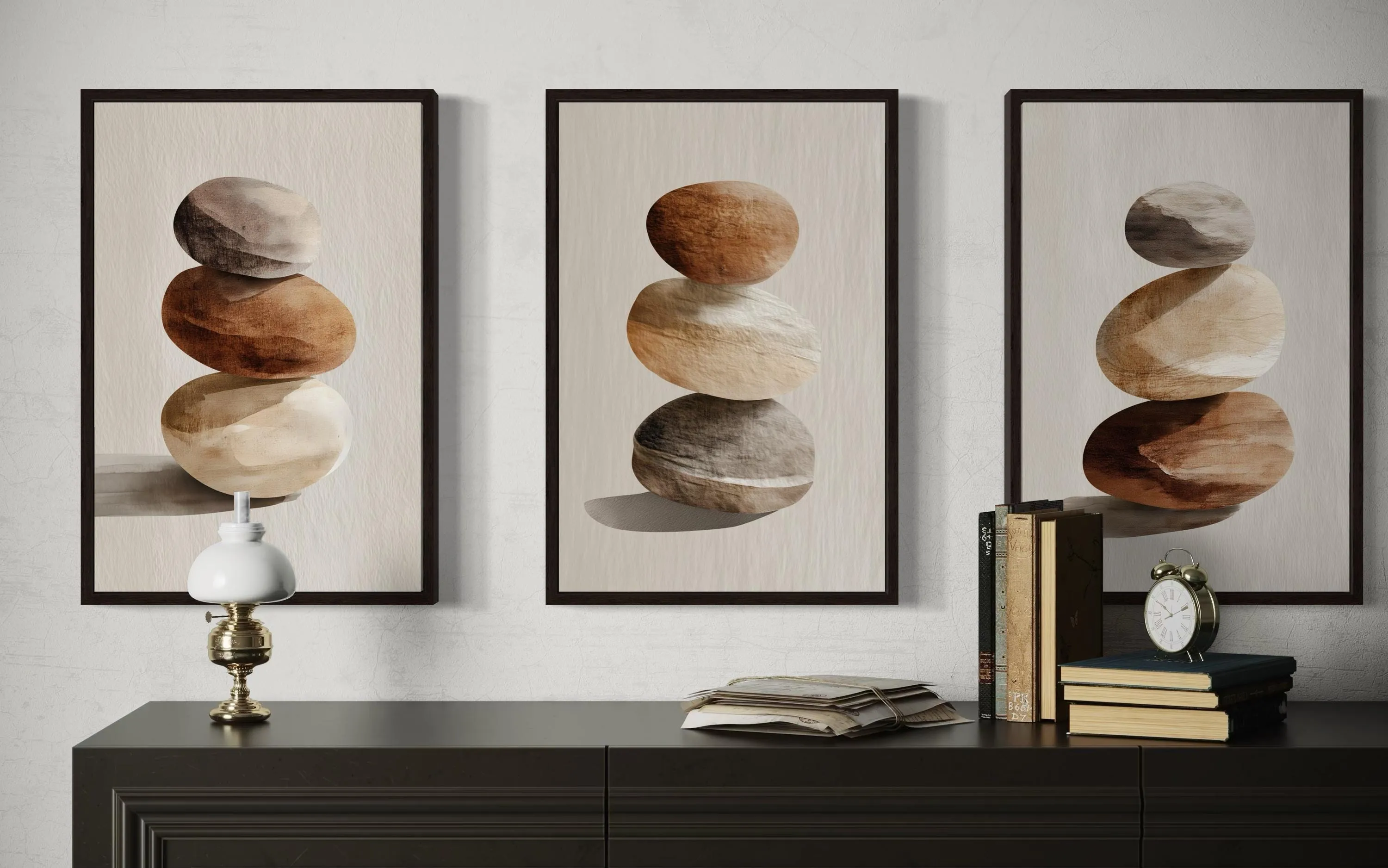 Set Of 3 Minimalist Calming Neutral Stacked Stones Wall Art