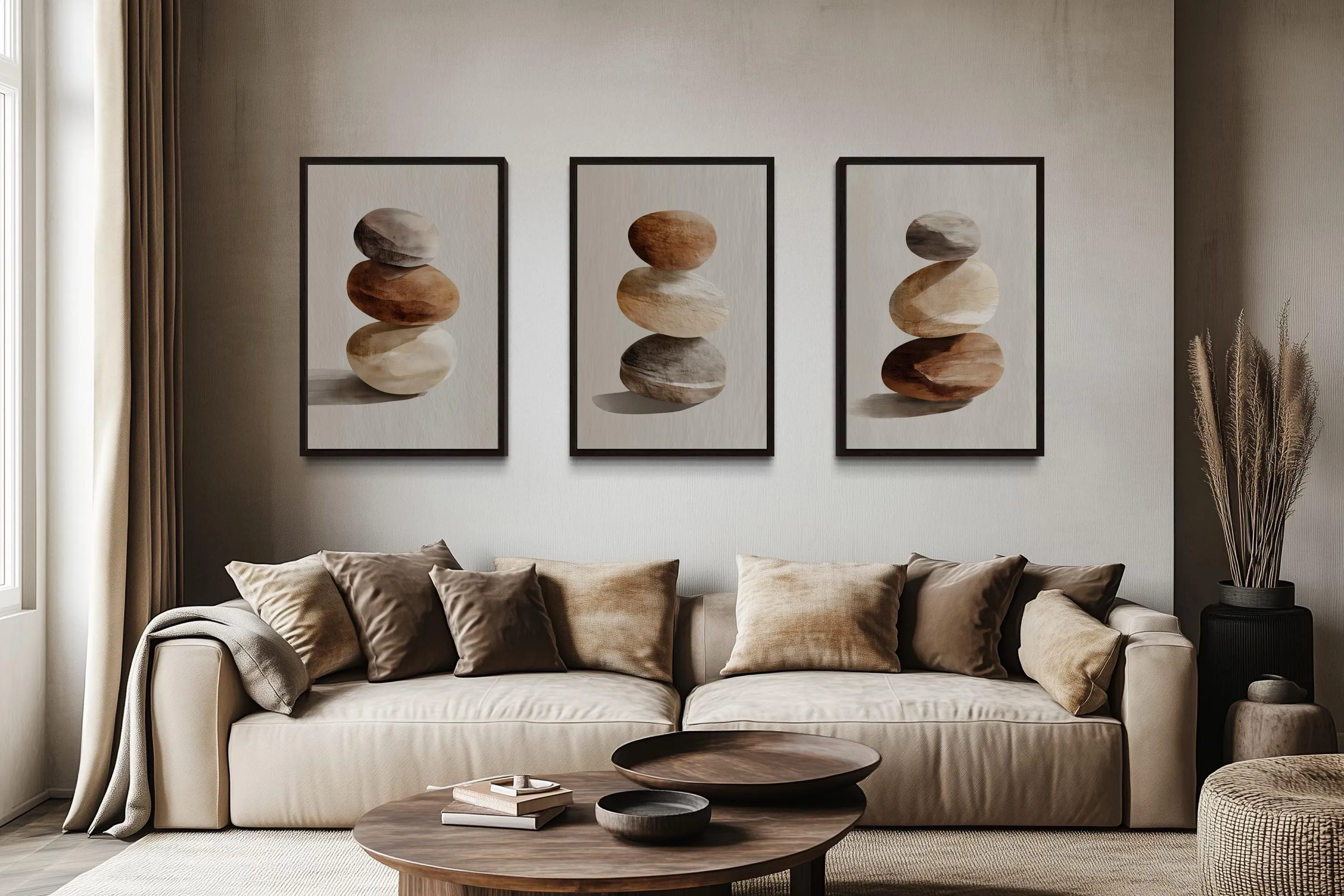Set Of 3 Minimalist Calming Neutral Stacked Stones Wall Art