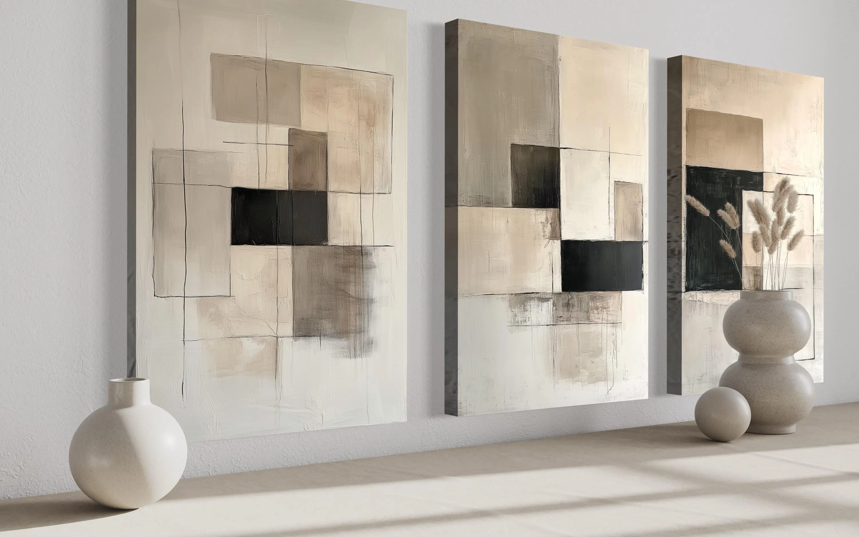 Set of 3 Modern Black Beige Neutral Geometric Abstract Wall Art