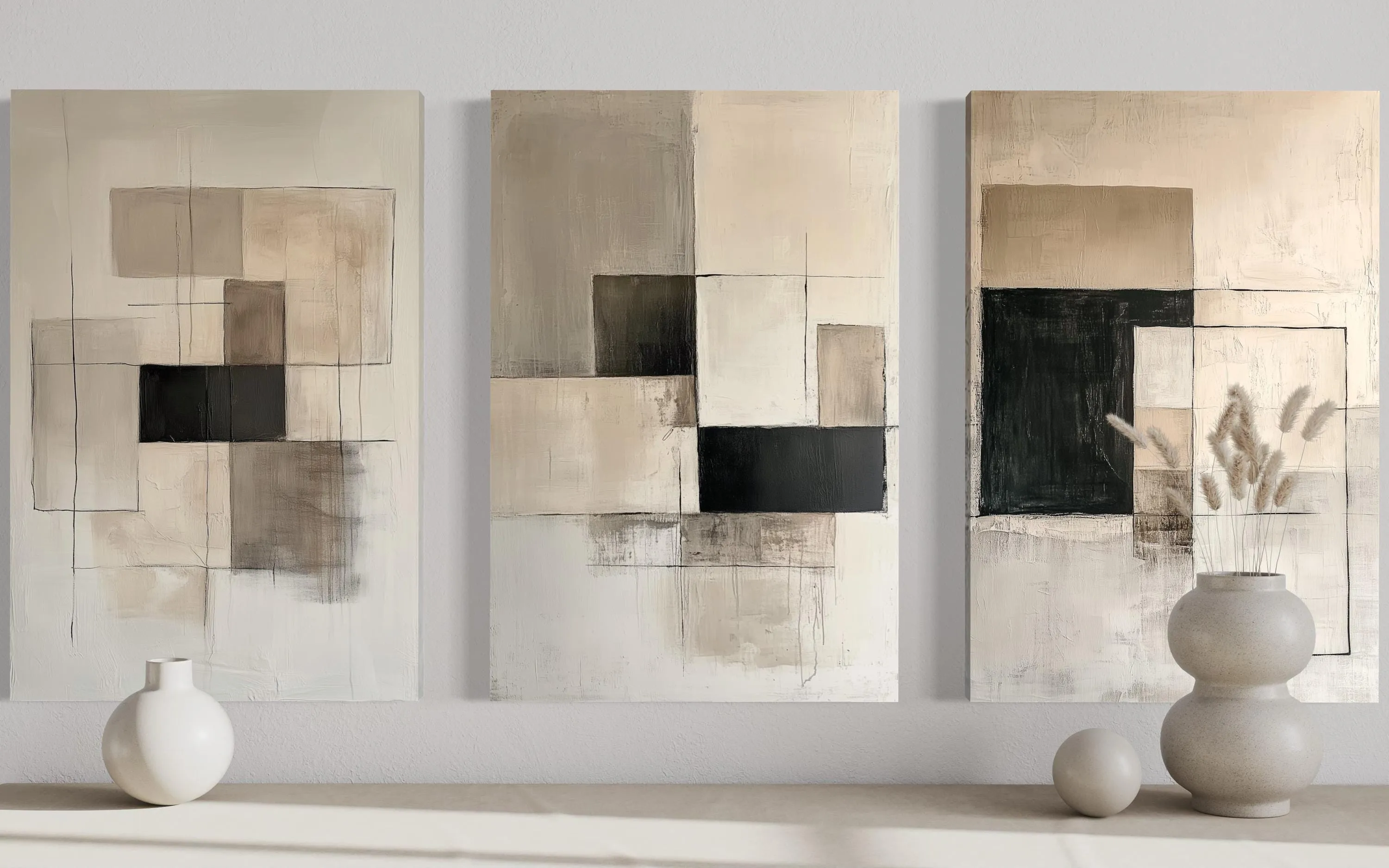 Set of 3 Modern Black Beige Neutral Geometric Abstract Wall Art