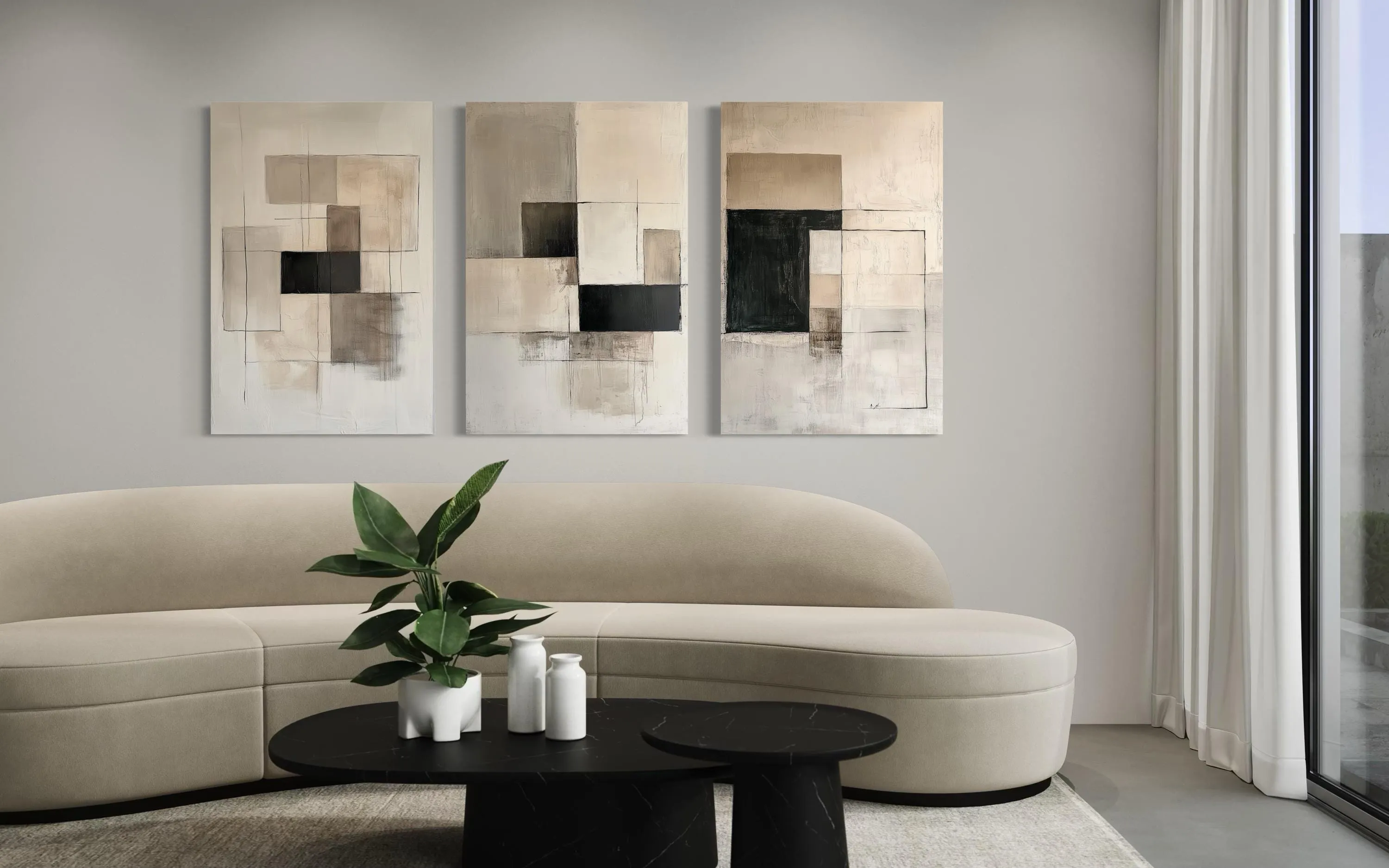 Set of 3 Modern Black Beige Neutral Geometric Abstract Wall Art
