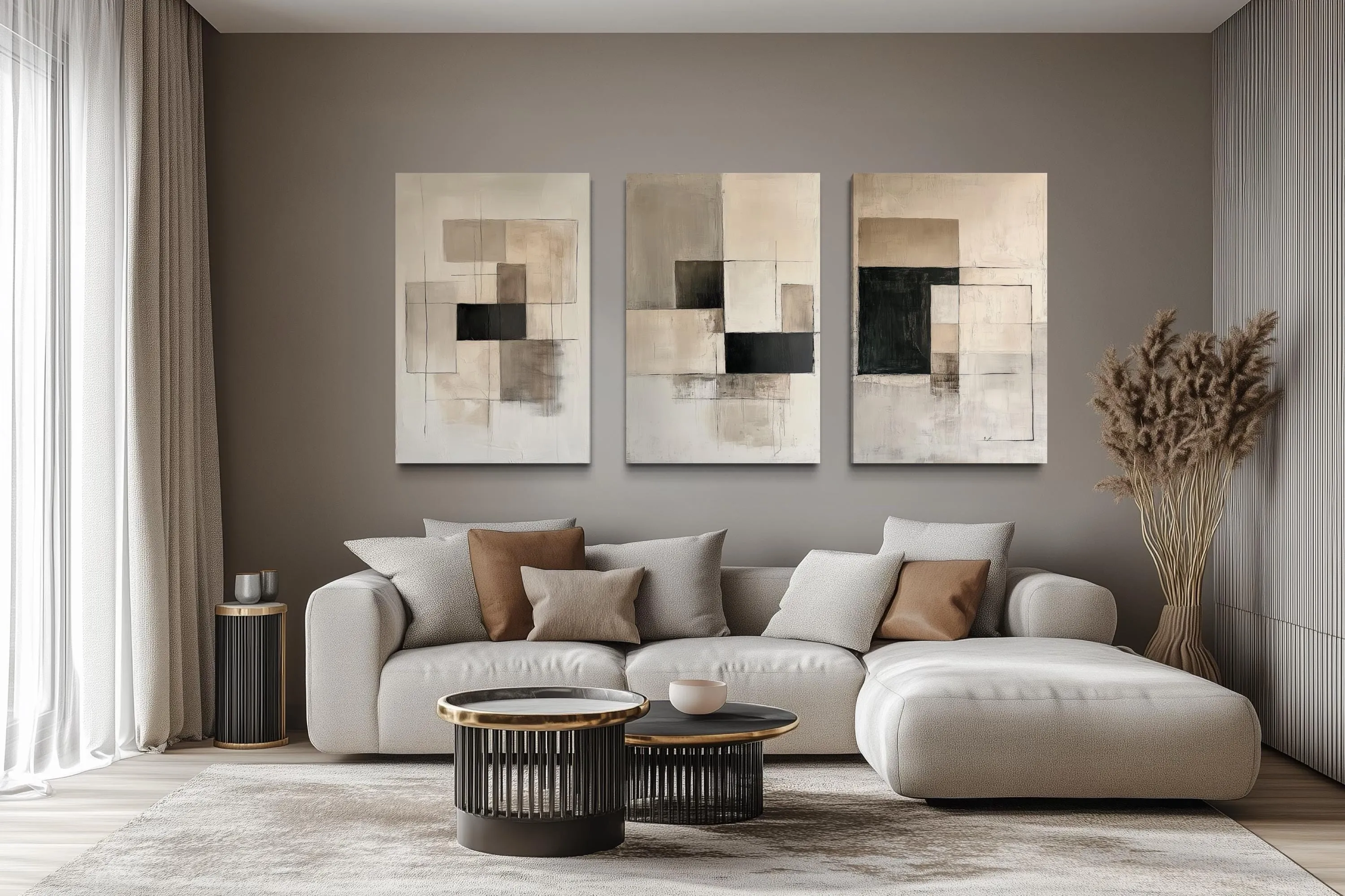 Set of 3 Modern Black Beige Neutral Geometric Abstract Wall Art