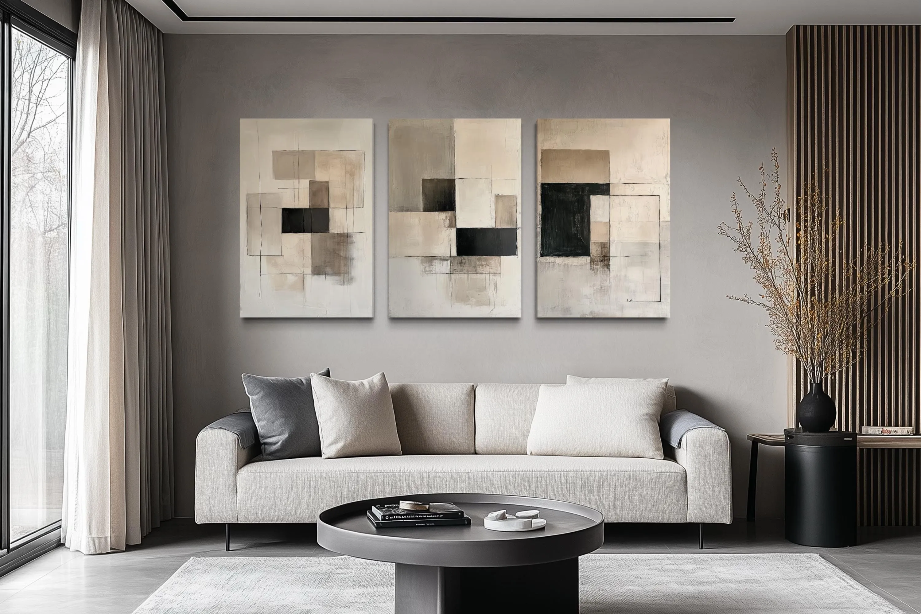 Set of 3 Modern Black Beige Neutral Geometric Abstract Wall Art