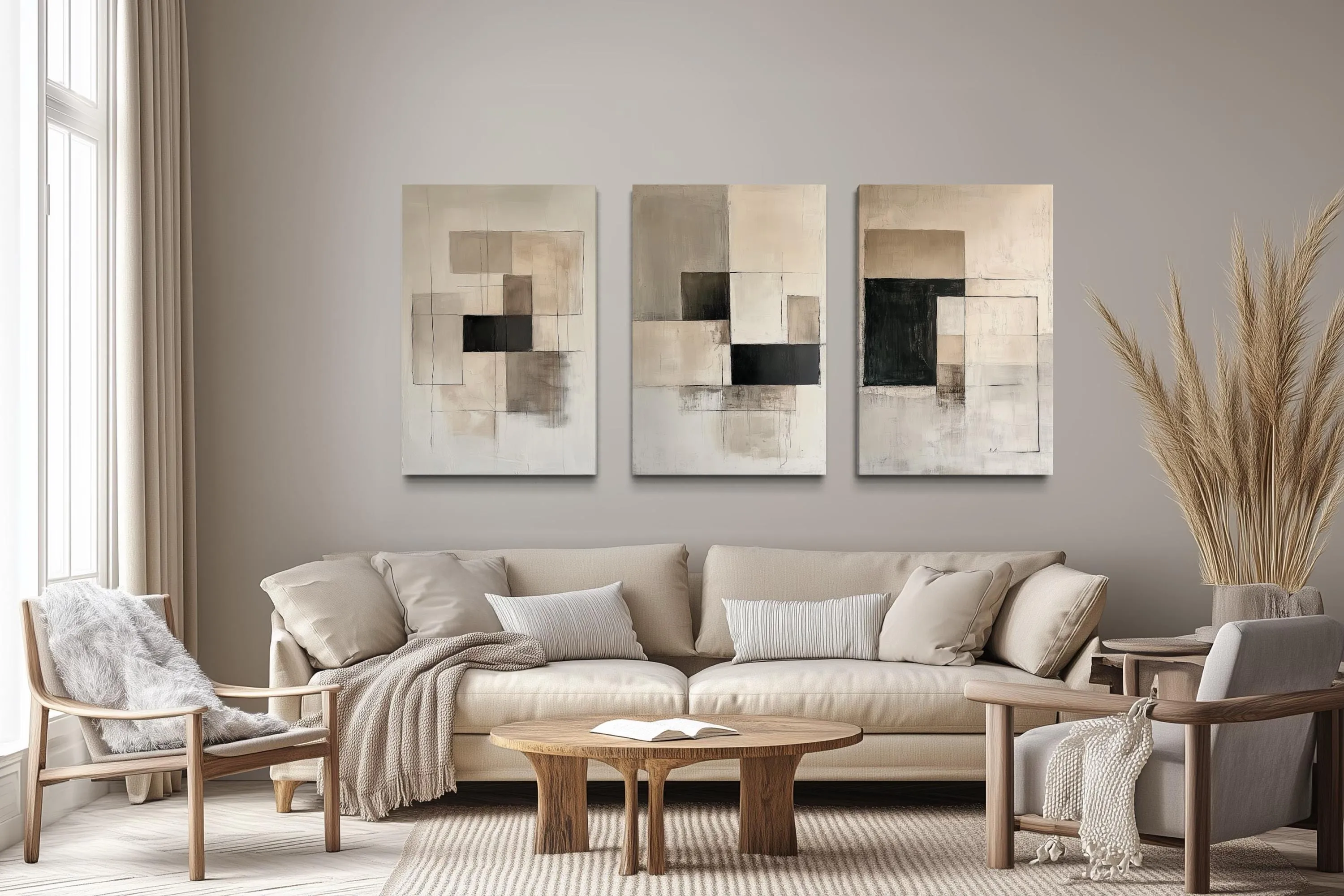 Set of 3 Modern Black Beige Neutral Geometric Abstract Wall Art