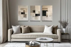 Set of 3 Modern Black Beige Neutral Geometric Abstract Wall Art