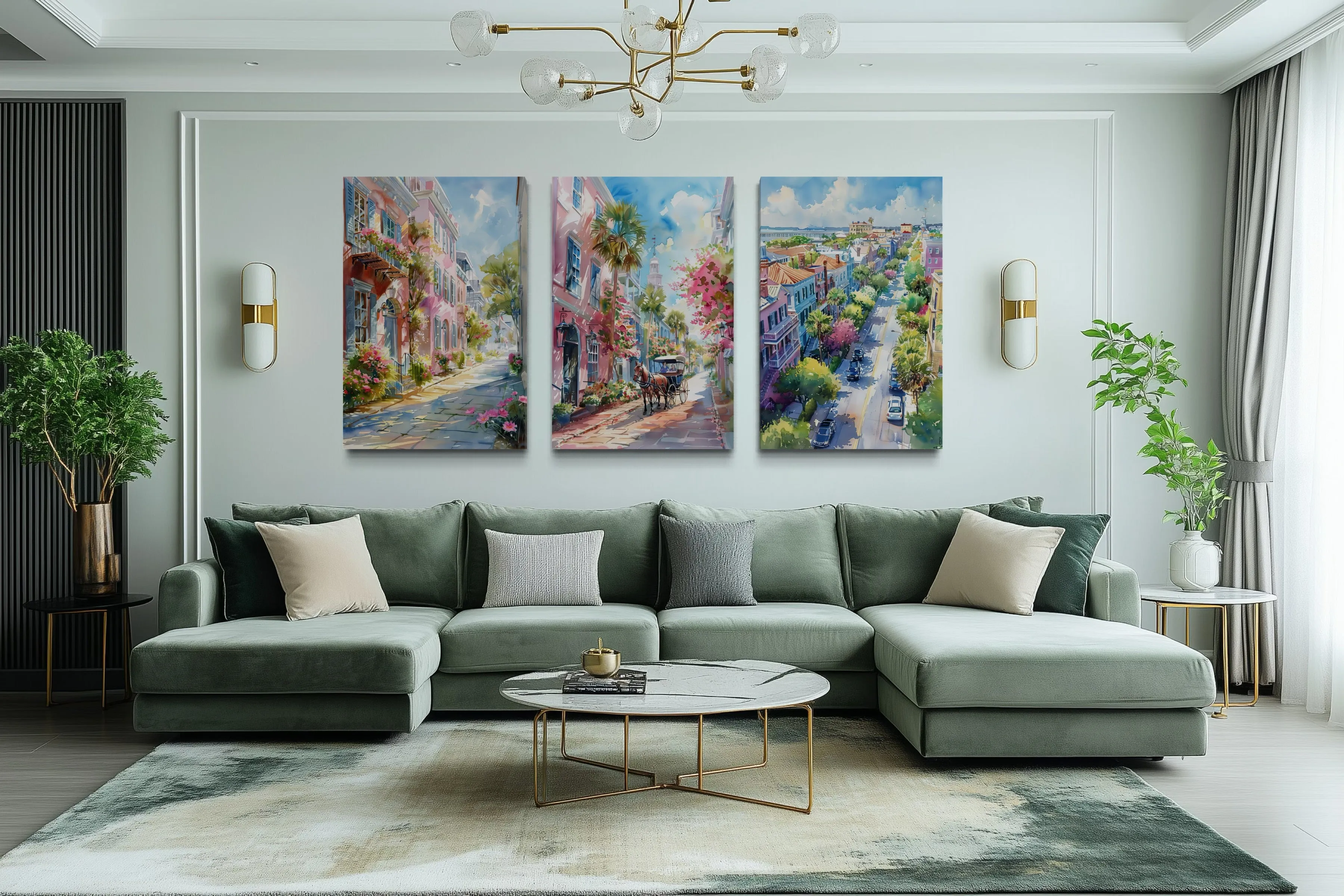 Set Of Three Charleston City Watercolor Framed Canvas Wall Art