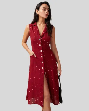 Sleeveless Midi Dress – Button Front – Polka Dot Daywear