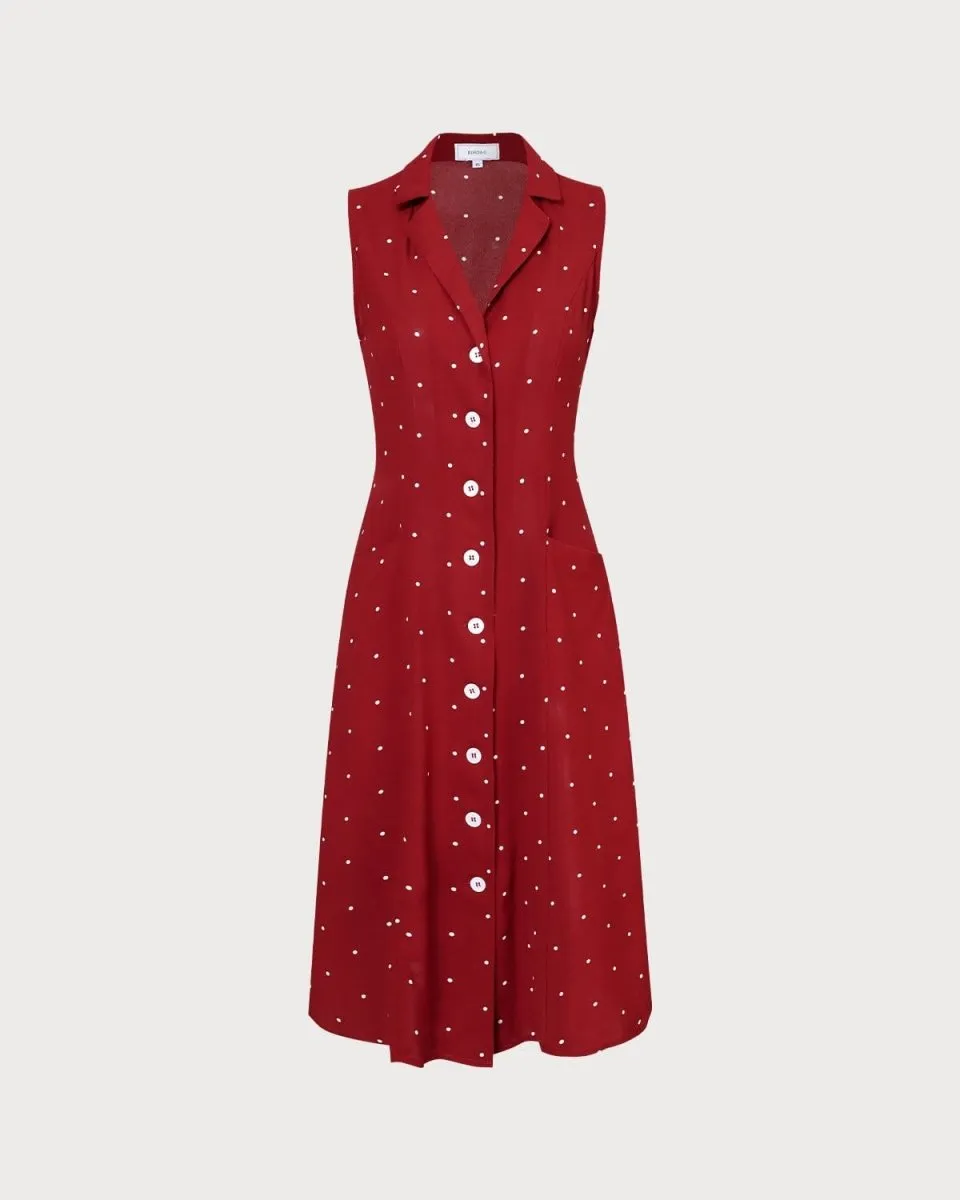 Sleeveless Midi Dress – Button Front – Polka Dot Daywear