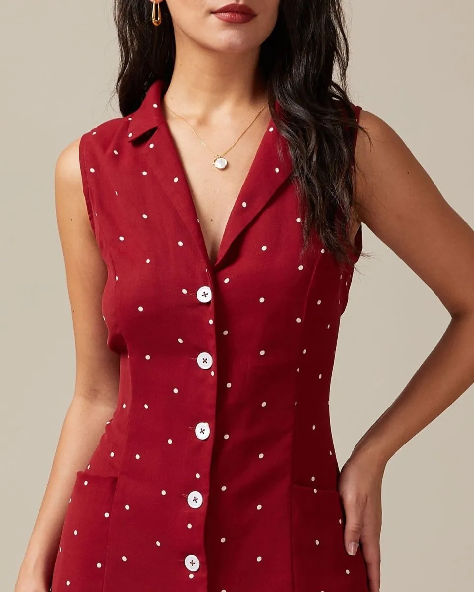 Sleeveless Midi Dress – Button Front – Polka Dot Daywear