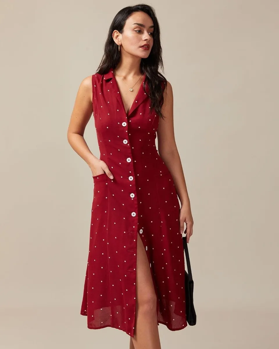 Sleeveless Midi Dress – Button Front – Polka Dot Daywear