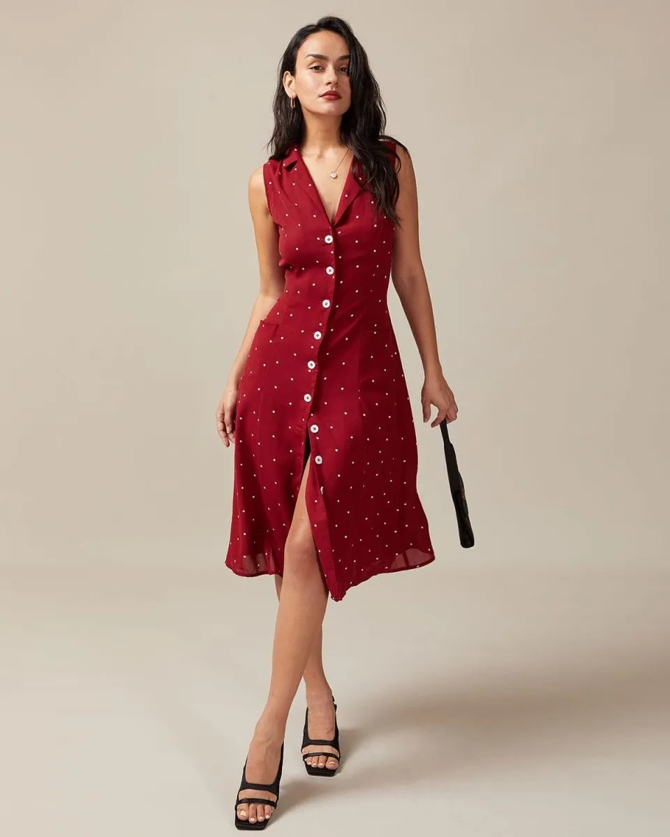 Sleeveless Midi Dress – Button Front – Polka Dot Daywear