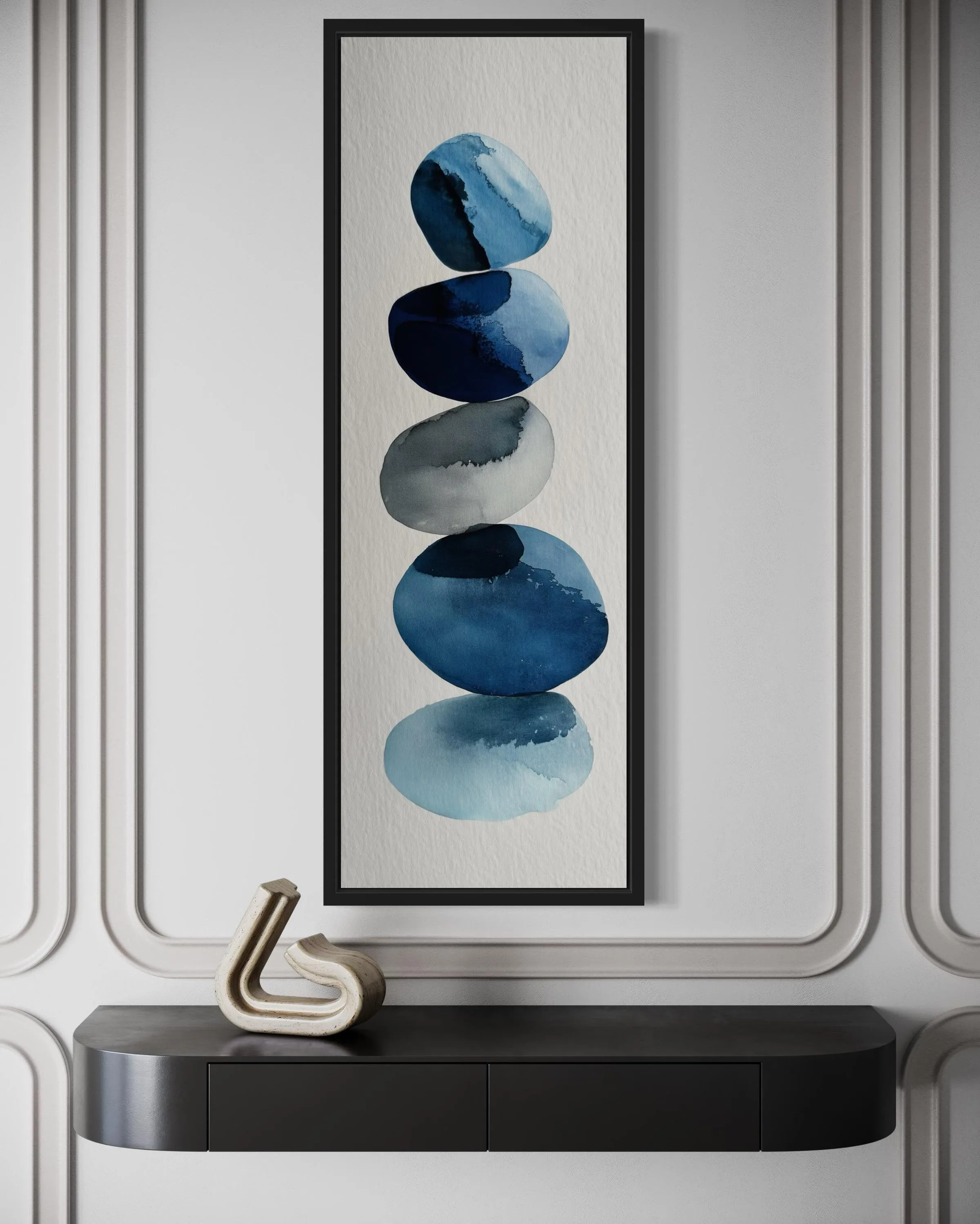 Tall Narrow Blue Pebbles Abstract Wall Art