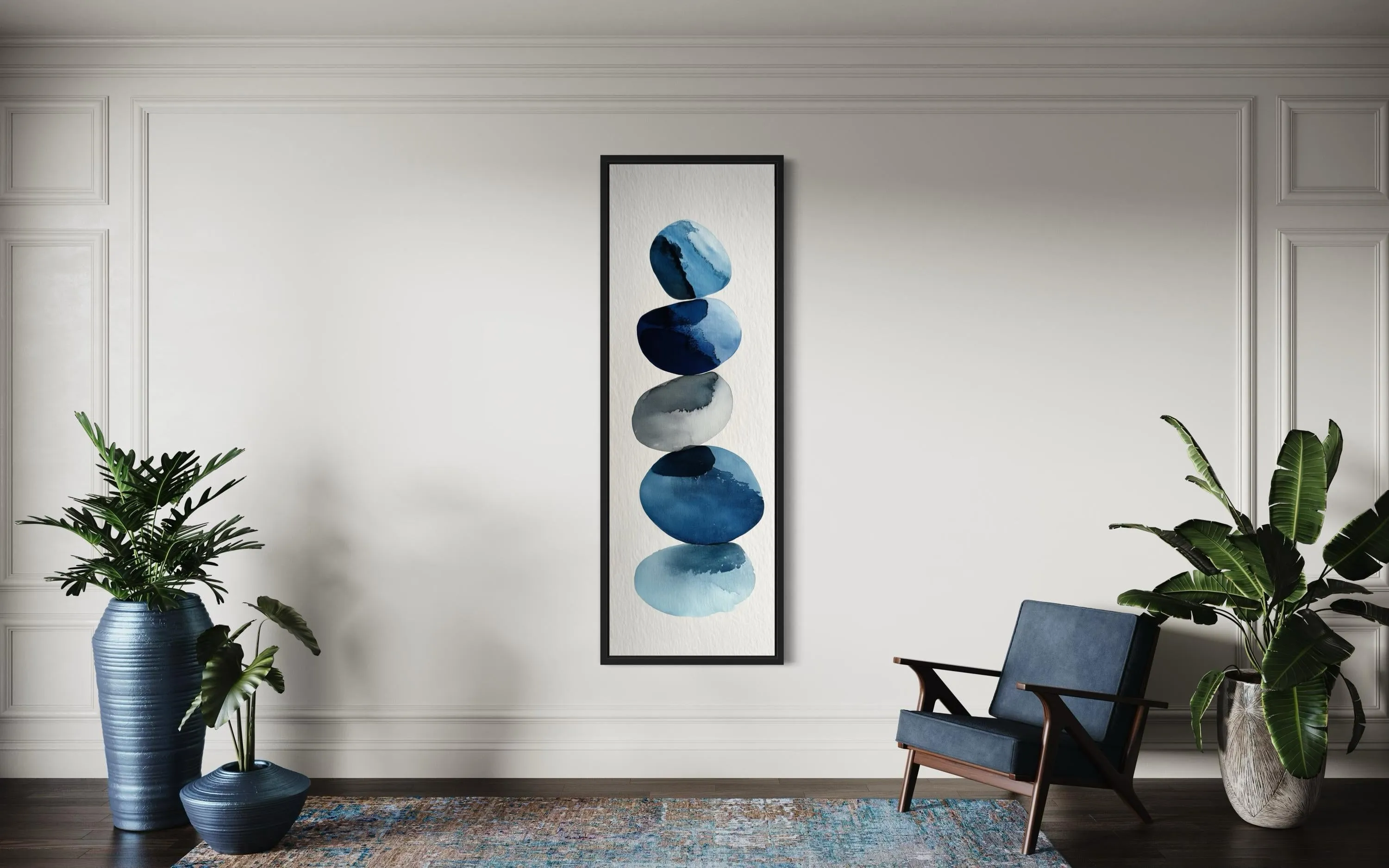 Tall Narrow Blue Pebbles Abstract Wall Art