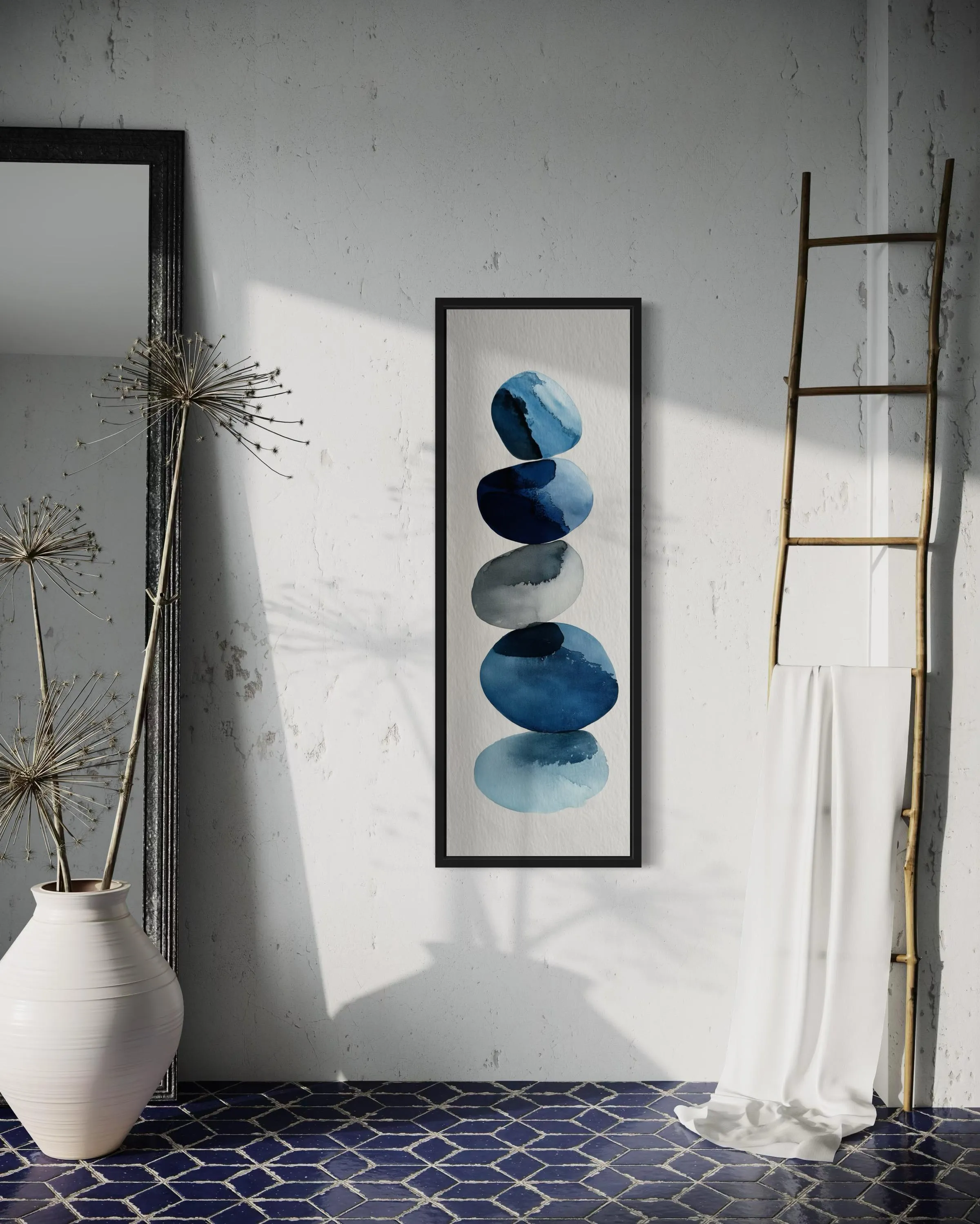 Tall Narrow Blue Pebbles Abstract Wall Art