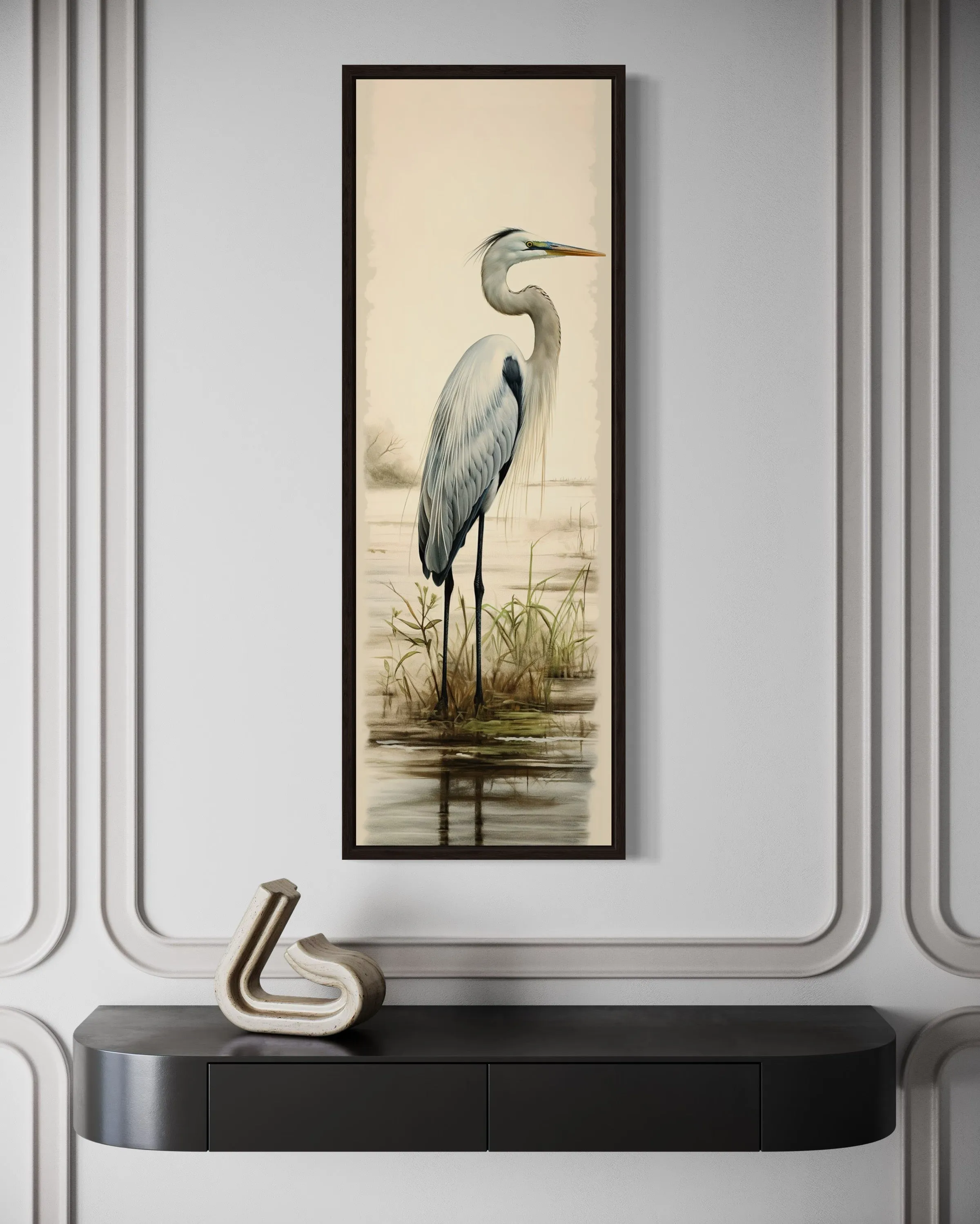 Tall Narrow Great Egret Framed Canvas Wall Art