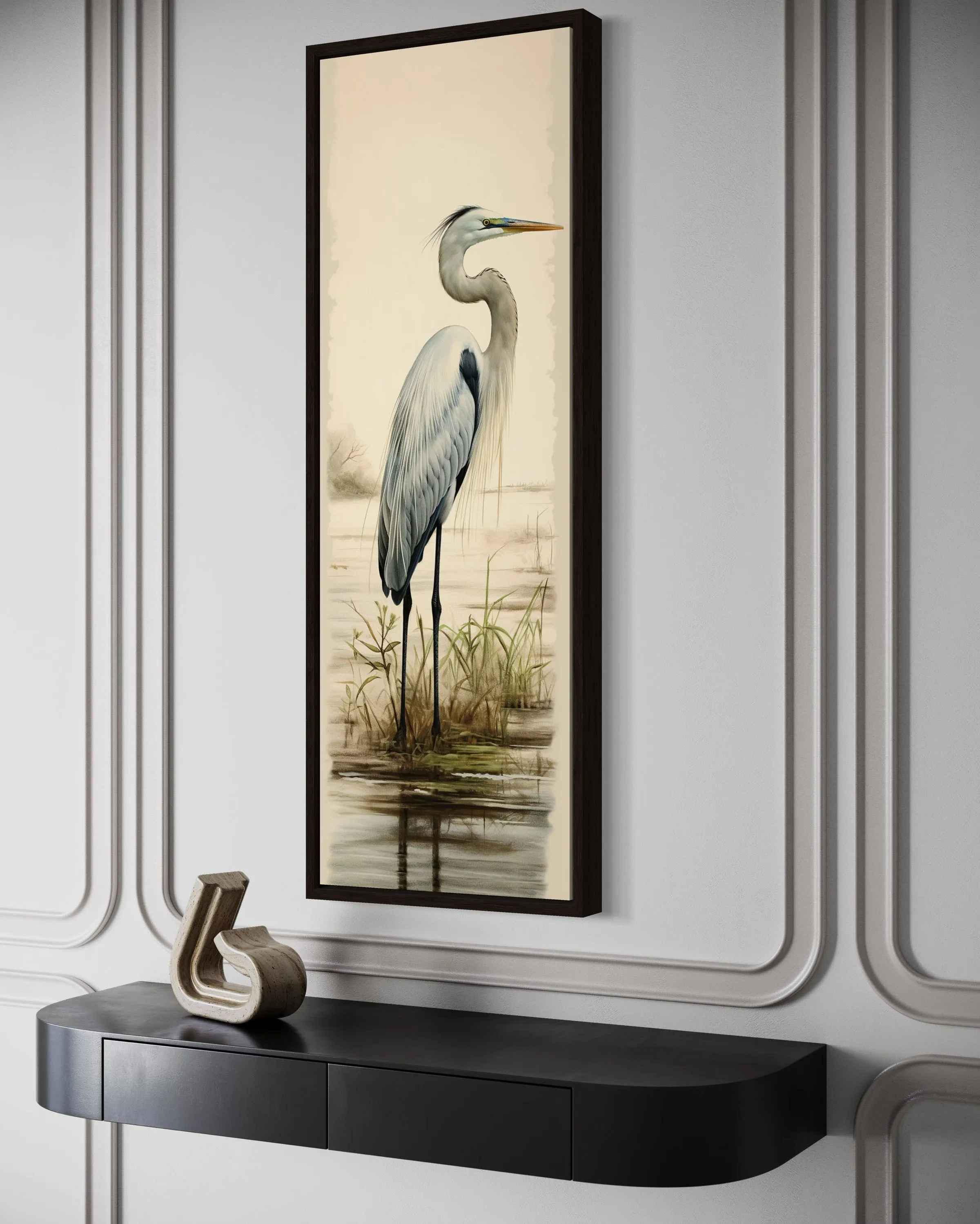 Tall Narrow Great Egret Framed Canvas Wall Art