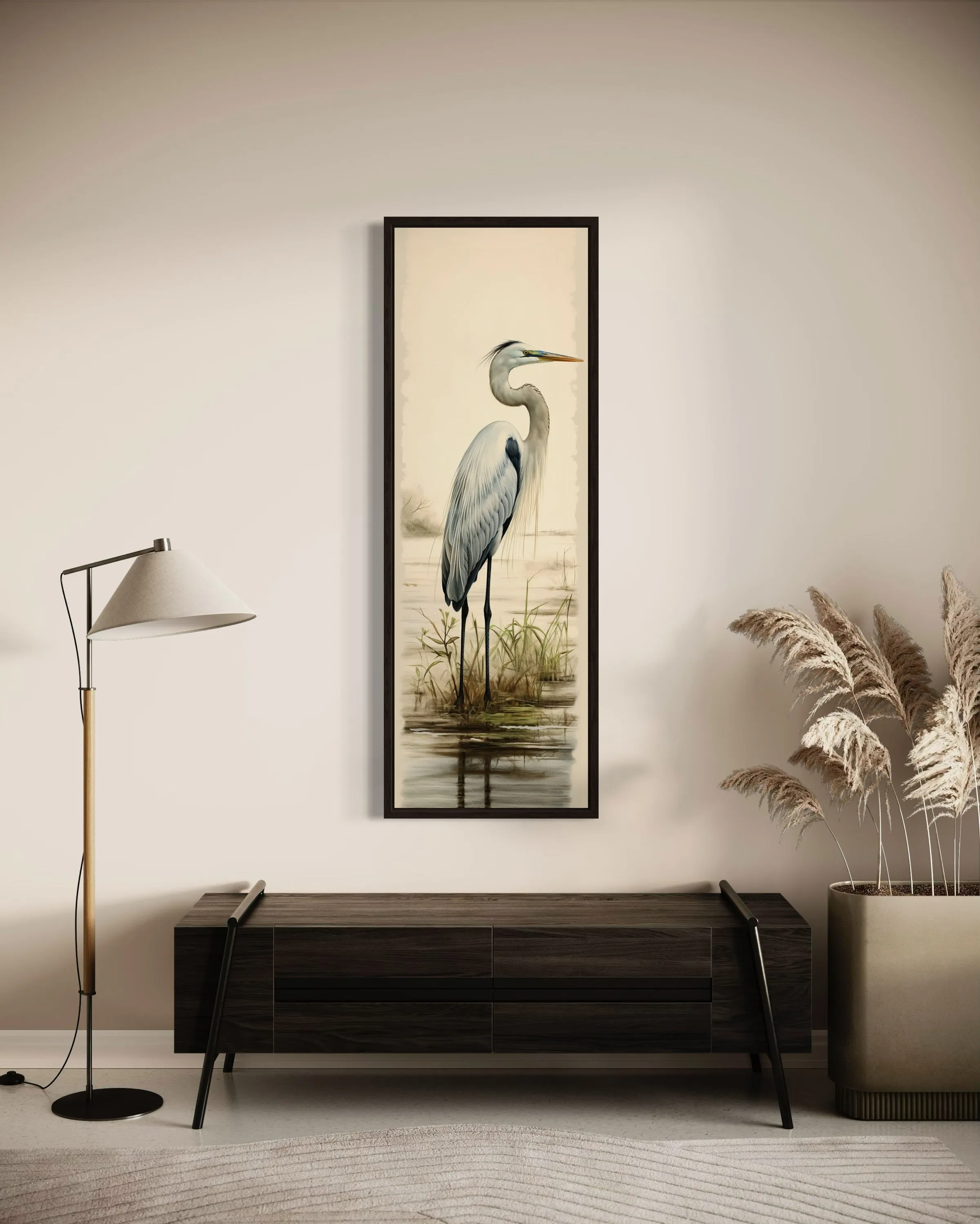 Tall Narrow Great Egret Framed Canvas Wall Art