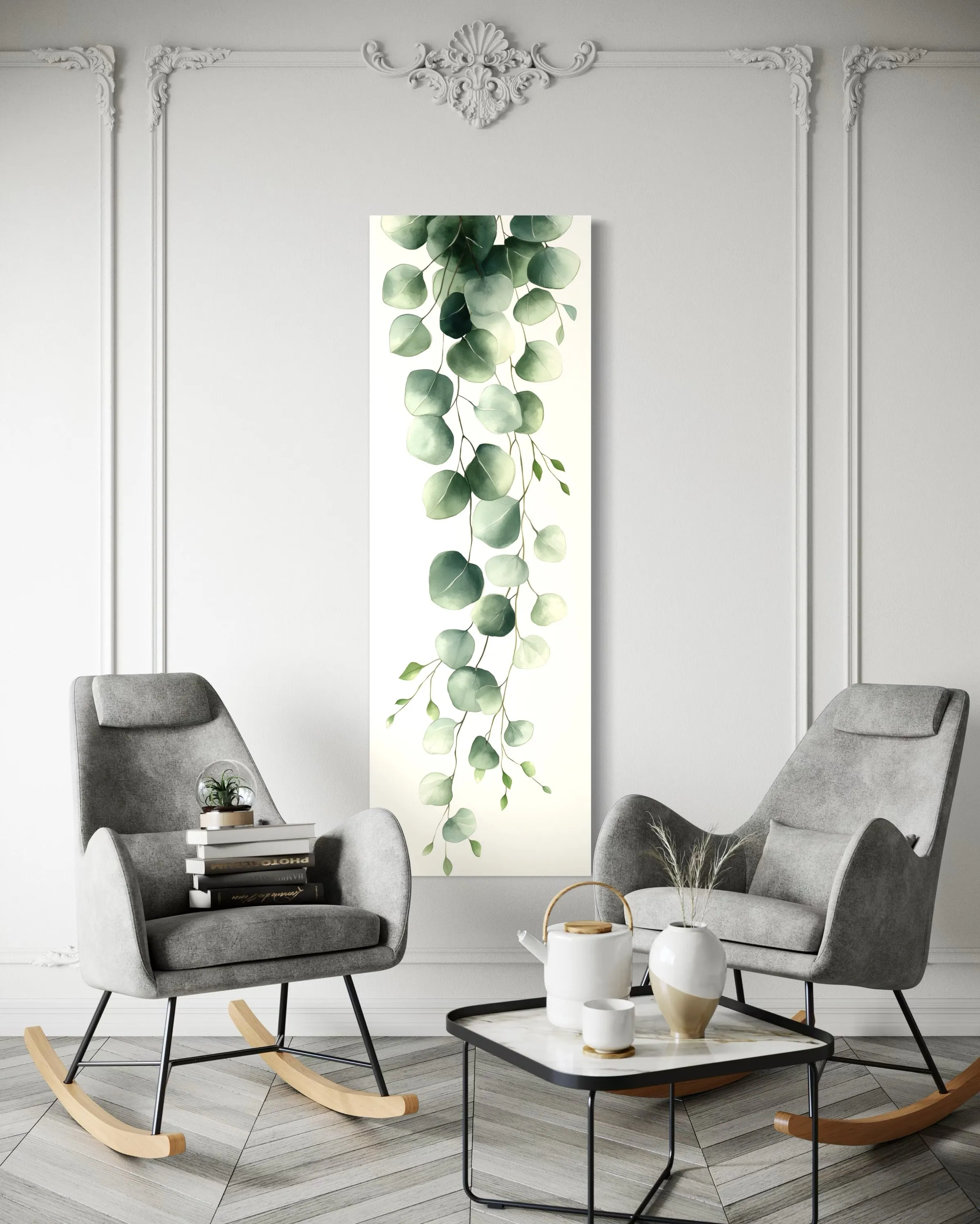 Tall Narrow Green Leaves Minimalist Vertical Framed Canvas Wall Art