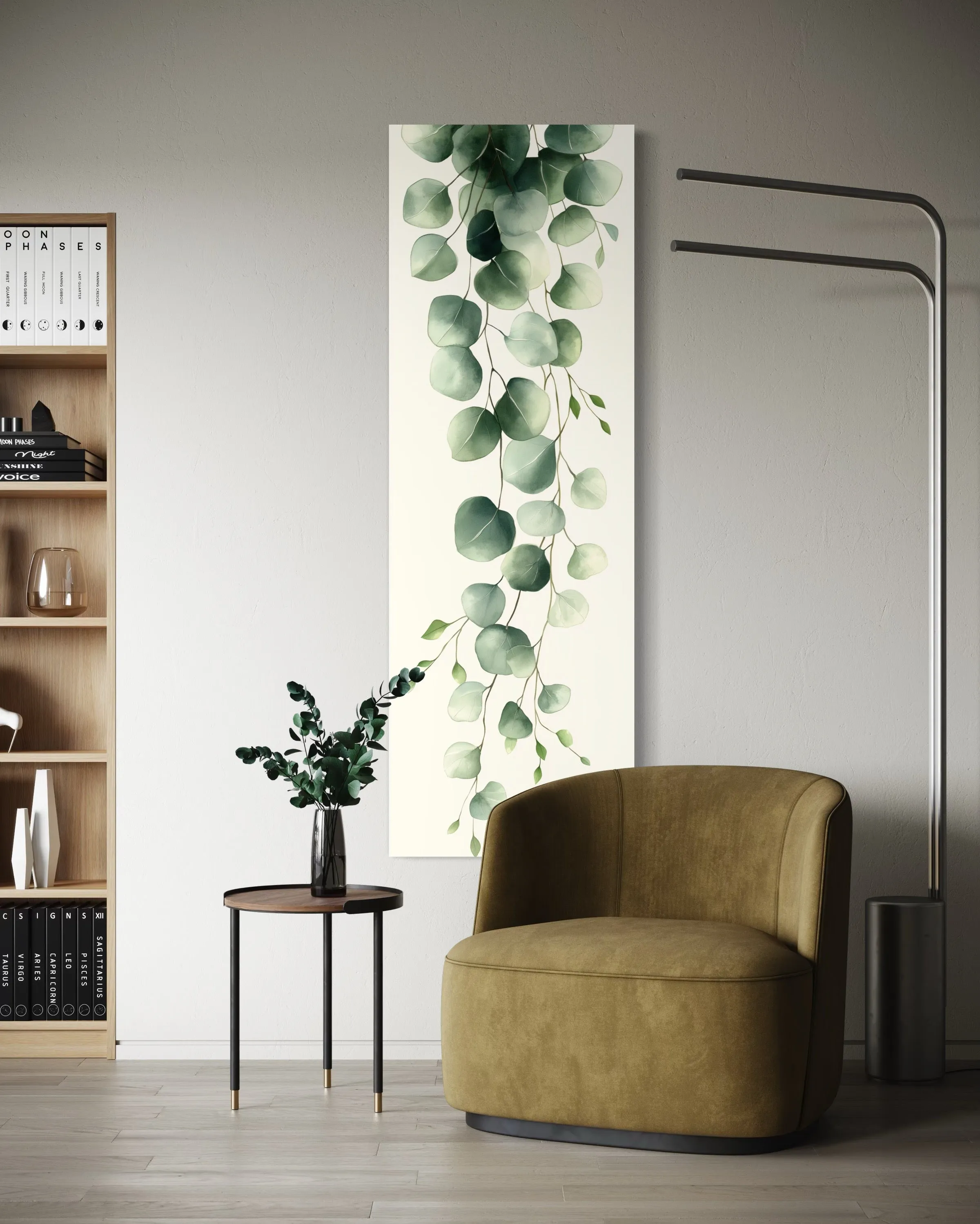 Tall Narrow Green Leaves Minimalist Vertical Framed Canvas Wall Art