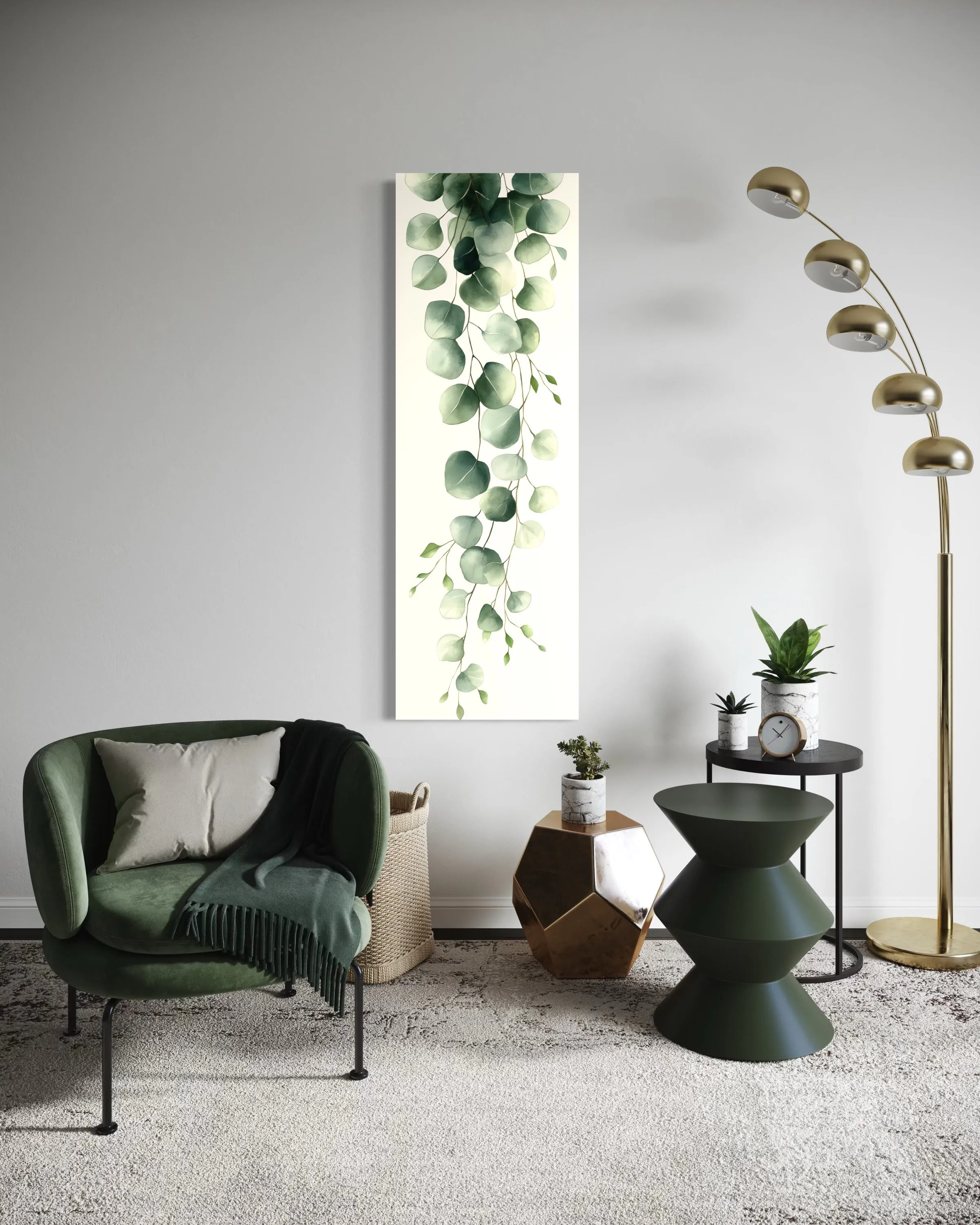 Tall Narrow Green Leaves Minimalist Vertical Framed Canvas Wall Art