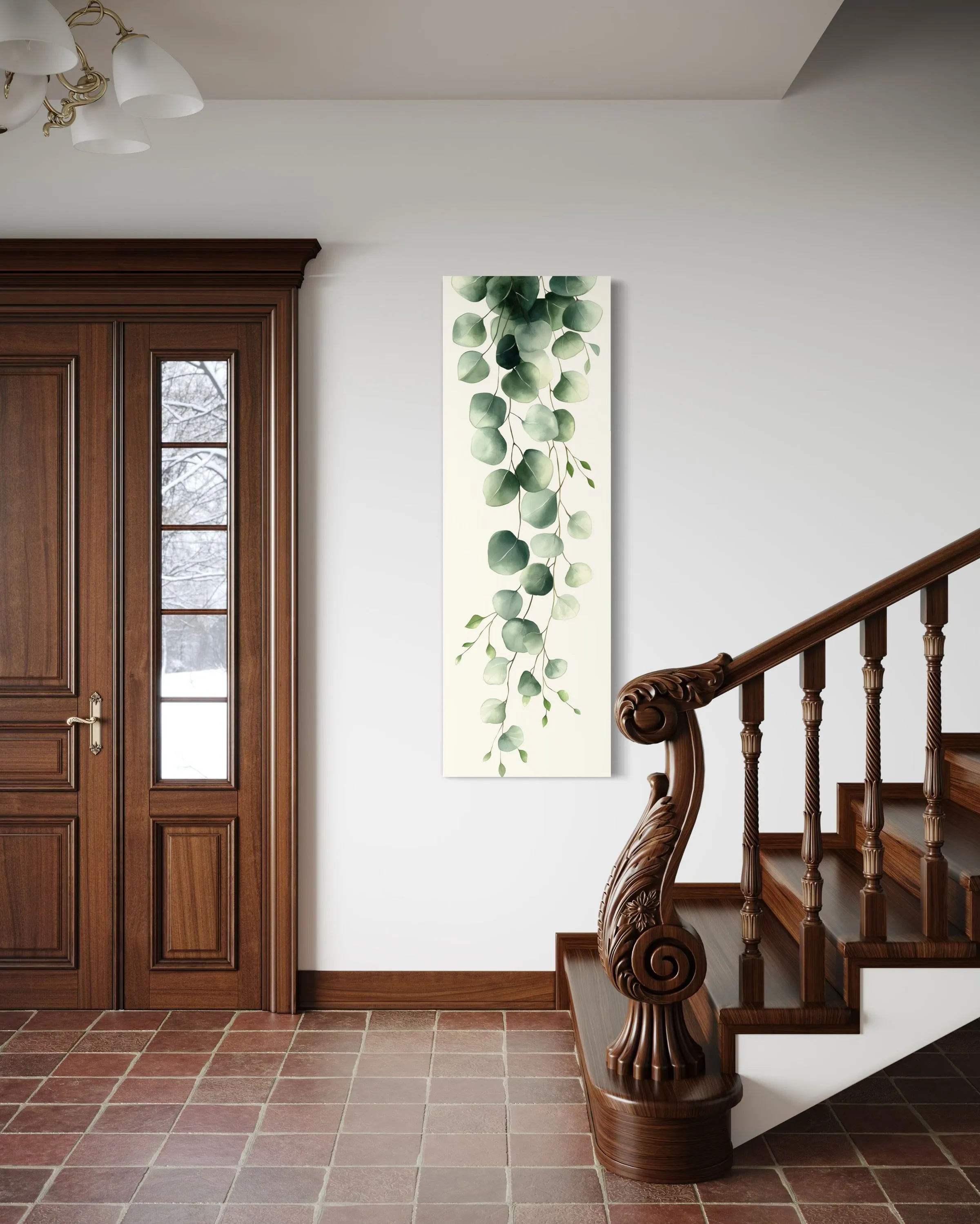 Tall Narrow Green Leaves Minimalist Vertical Framed Canvas Wall Art