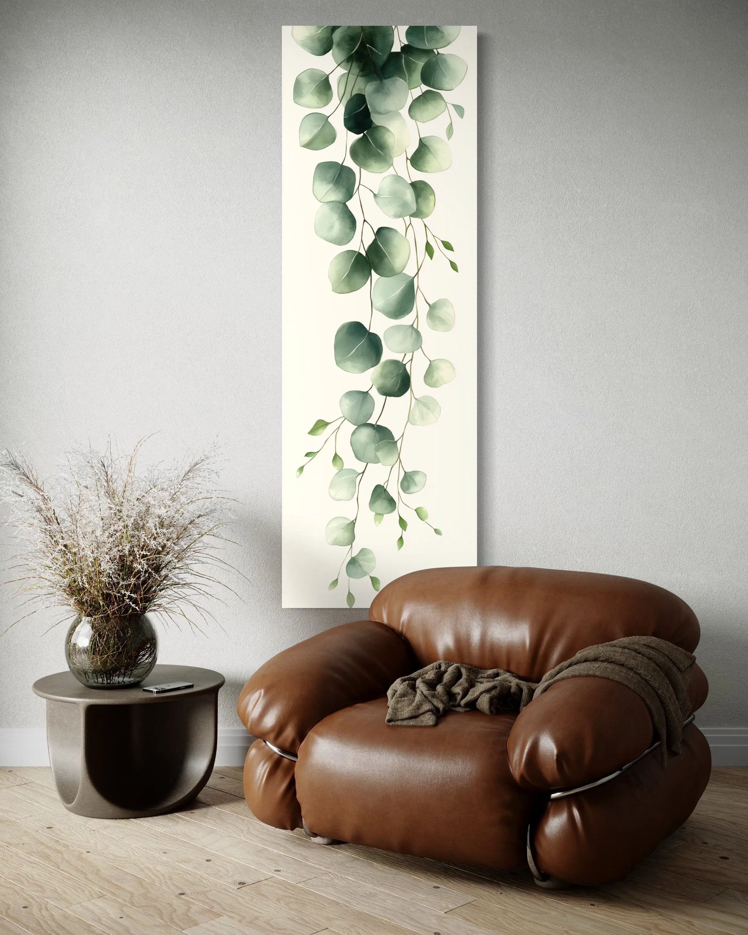 Tall Narrow Green Leaves Minimalist Vertical Framed Canvas Wall Art