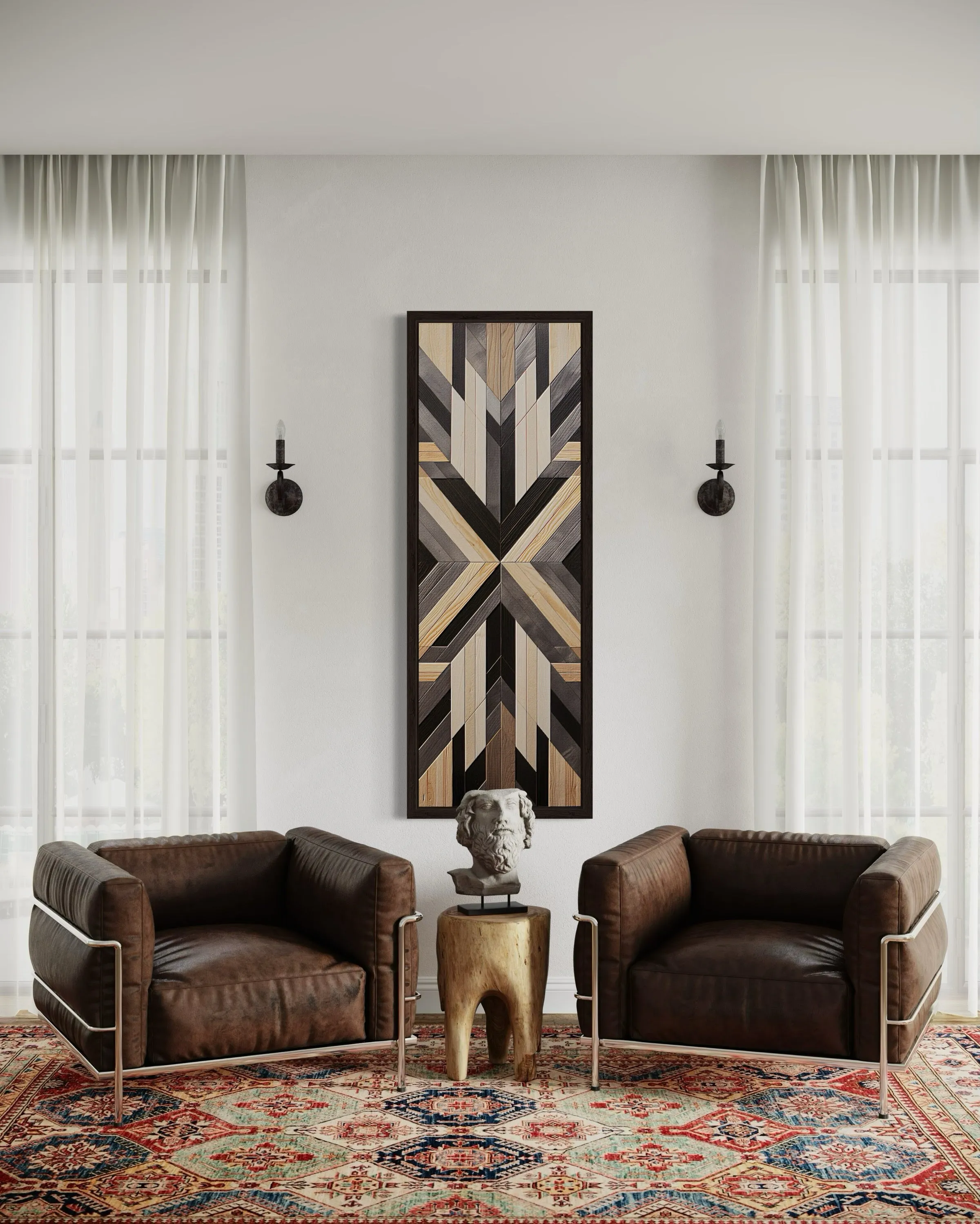 Tall Narrow Neutral Brown Aztec Inspired Vertical Framed Canvas Wall Art