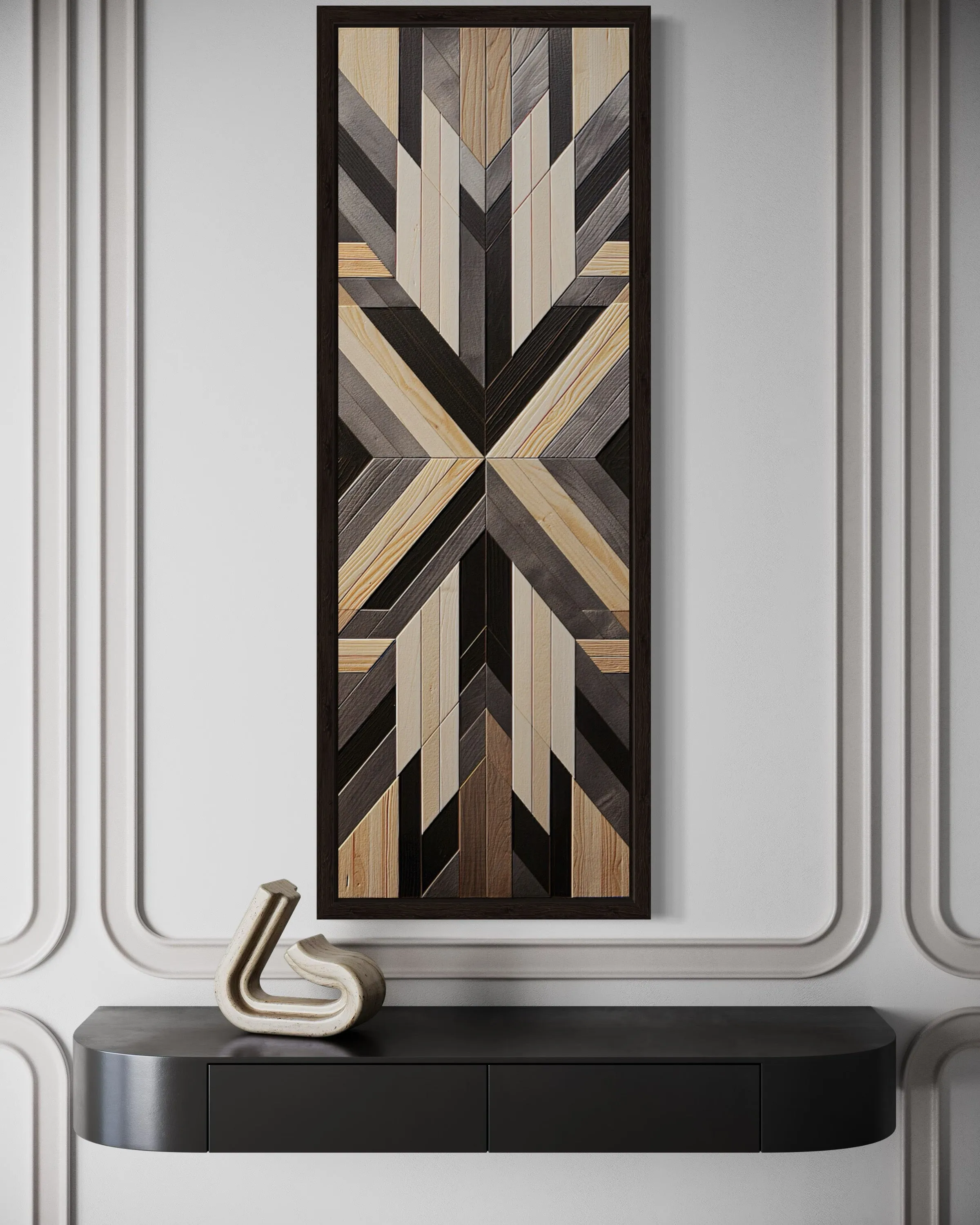 Tall Narrow Neutral Brown Aztec Inspired Vertical Framed Canvas Wall Art
