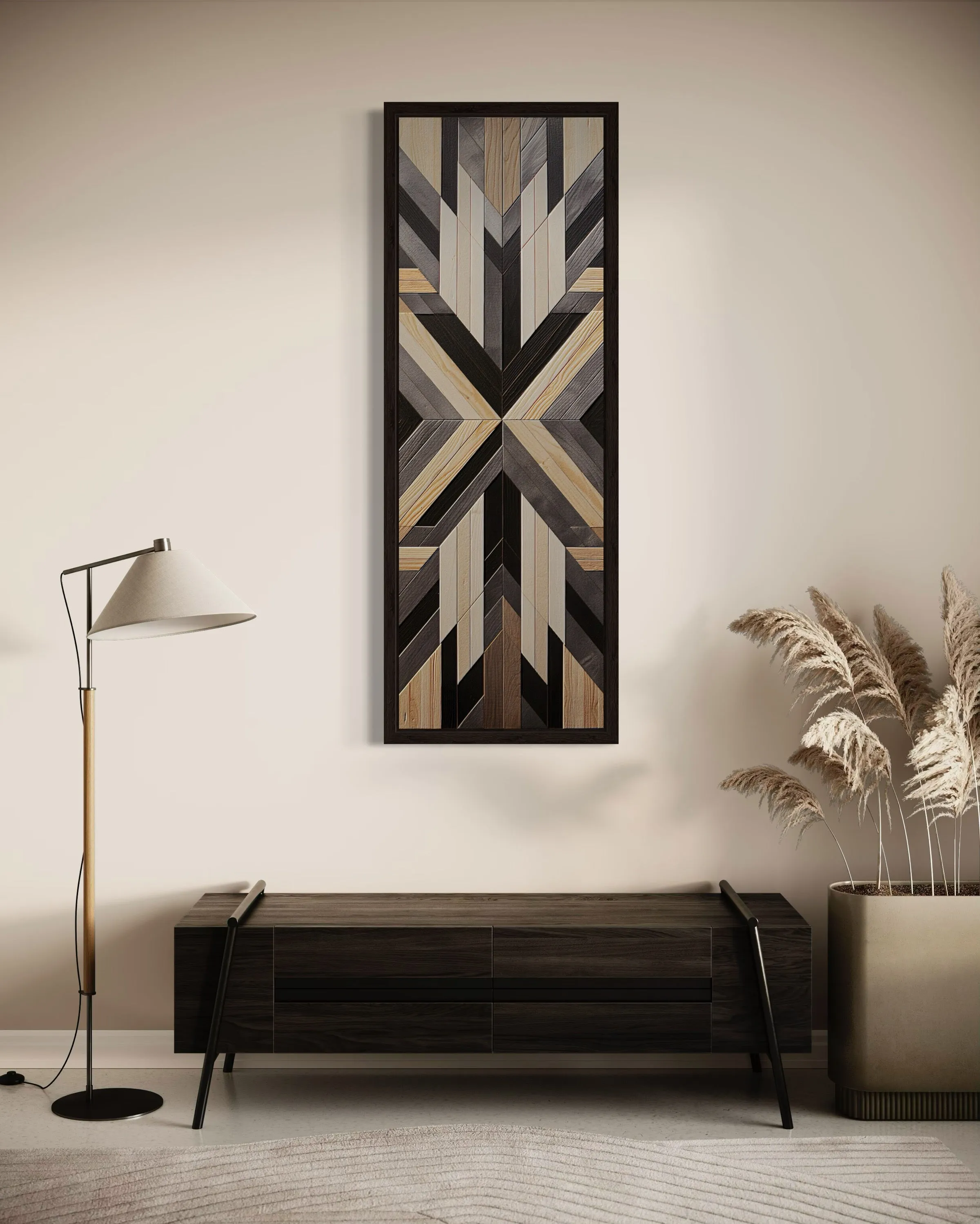Tall Narrow Neutral Brown Aztec Inspired Vertical Framed Canvas Wall Art