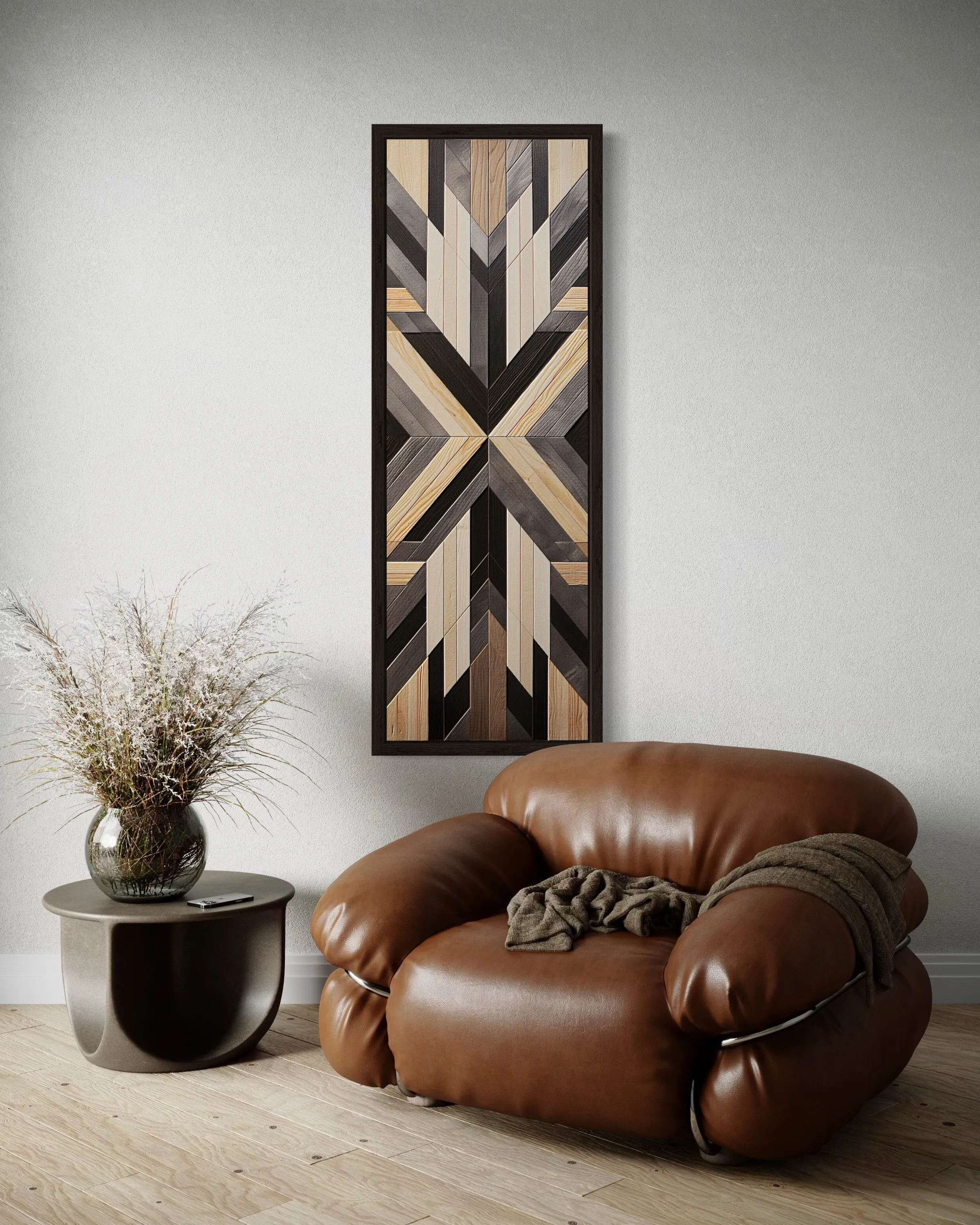 Tall Narrow Neutral Brown Aztec Inspired Vertical Framed Canvas Wall Art