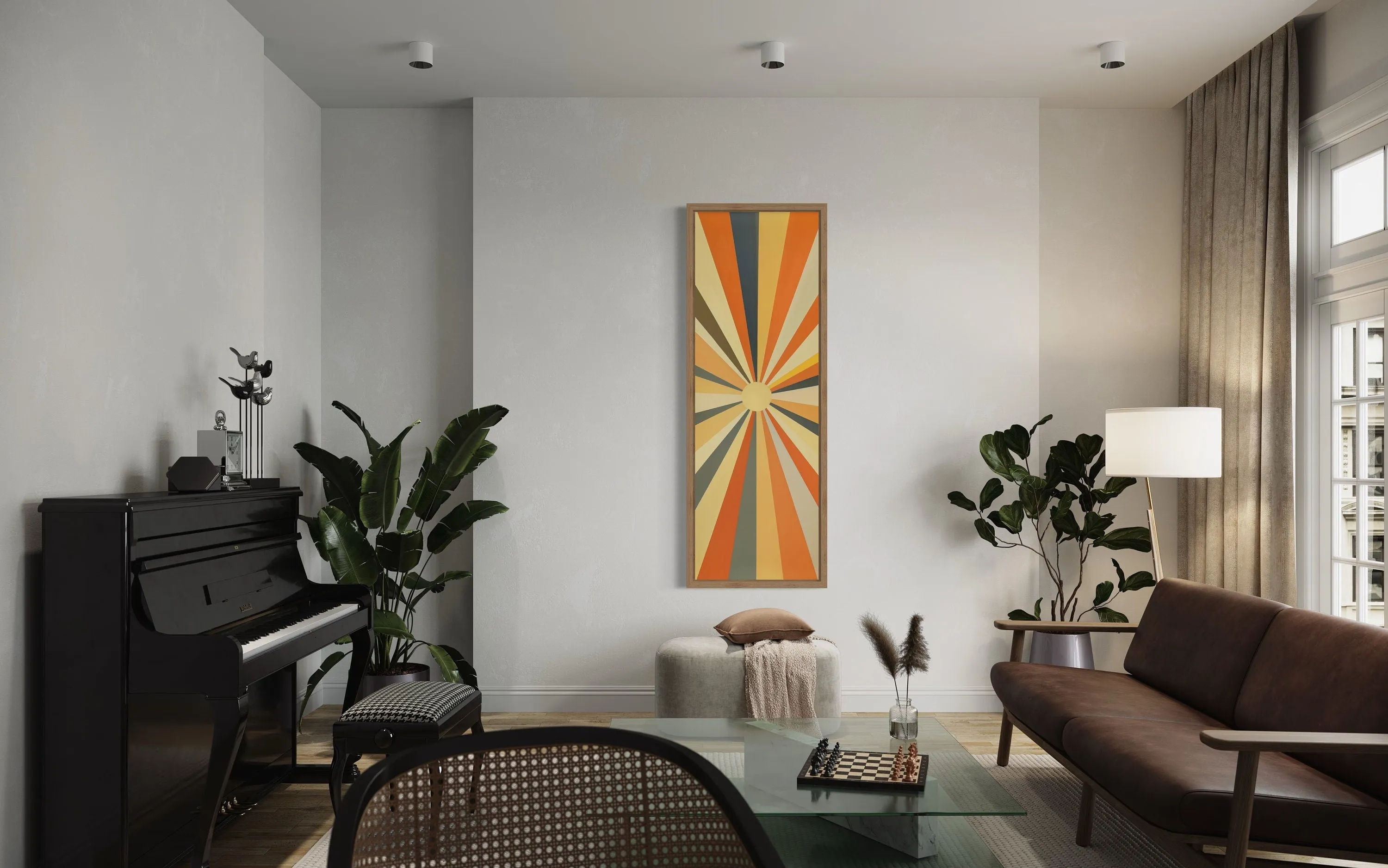 Tall Narrow Vertical Boho Sun Rays Mid Century Modern Wall Art