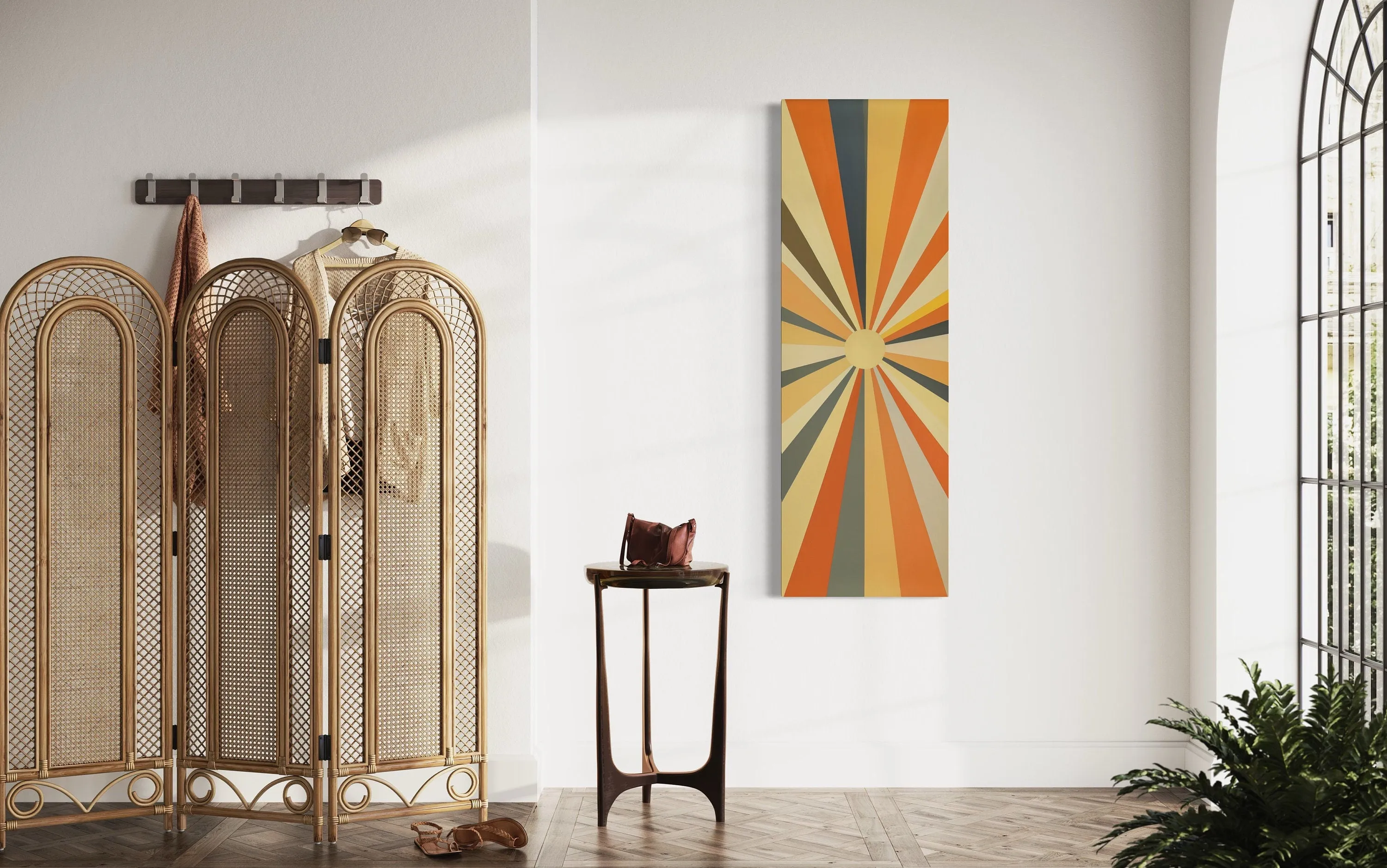 Tall Narrow Vertical Boho Sun Rays Mid Century Modern Wall Art