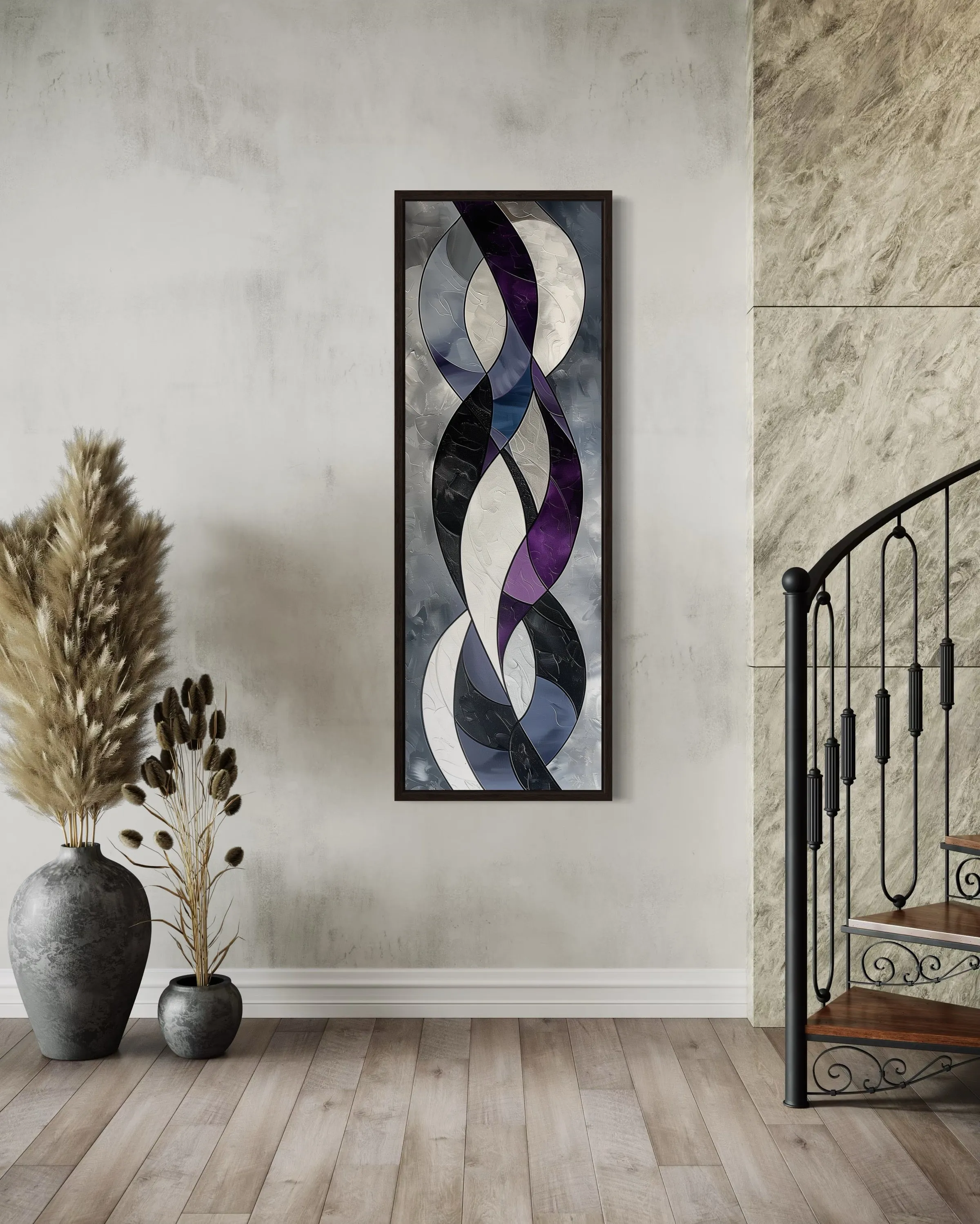 Tall Thin Vertical Purple Geometric Abstract Framed Canvas Wall Art