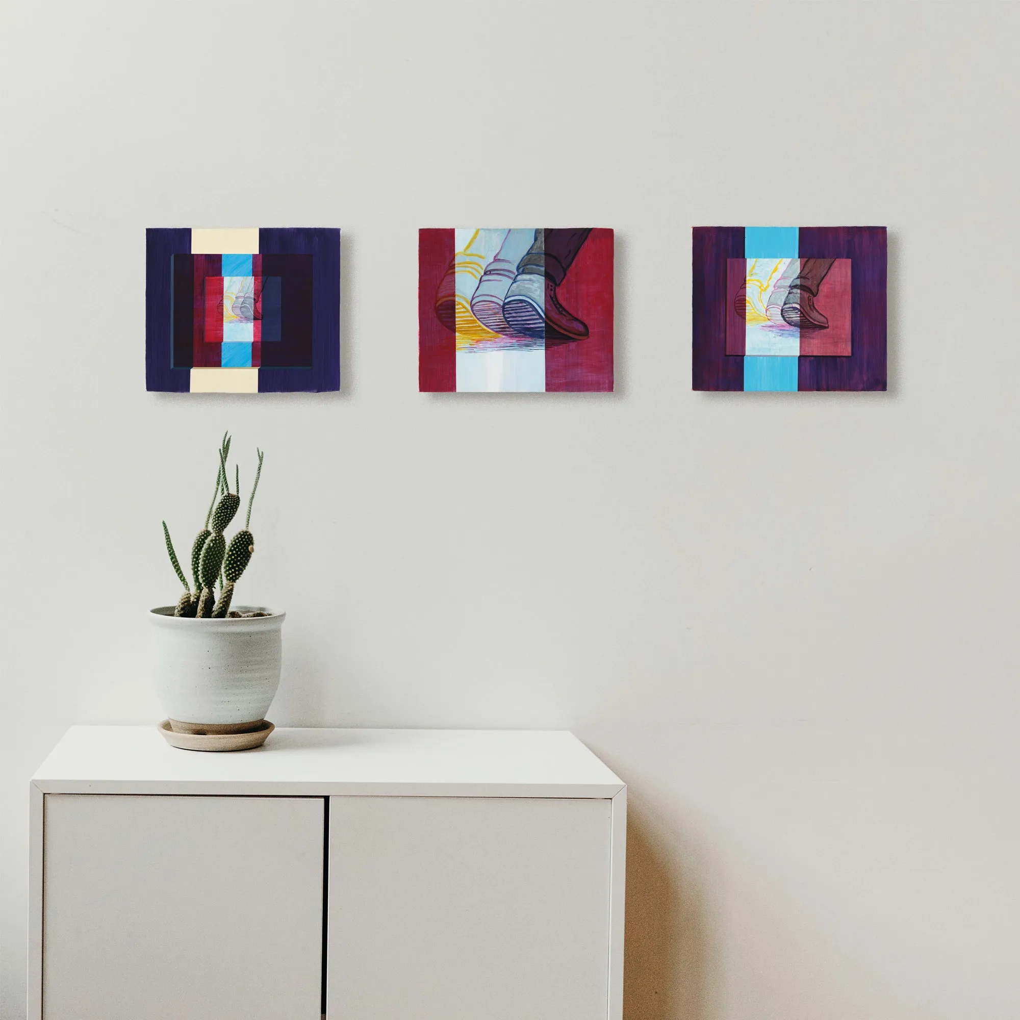 triple shoe painting in three light scenarios (triptych)