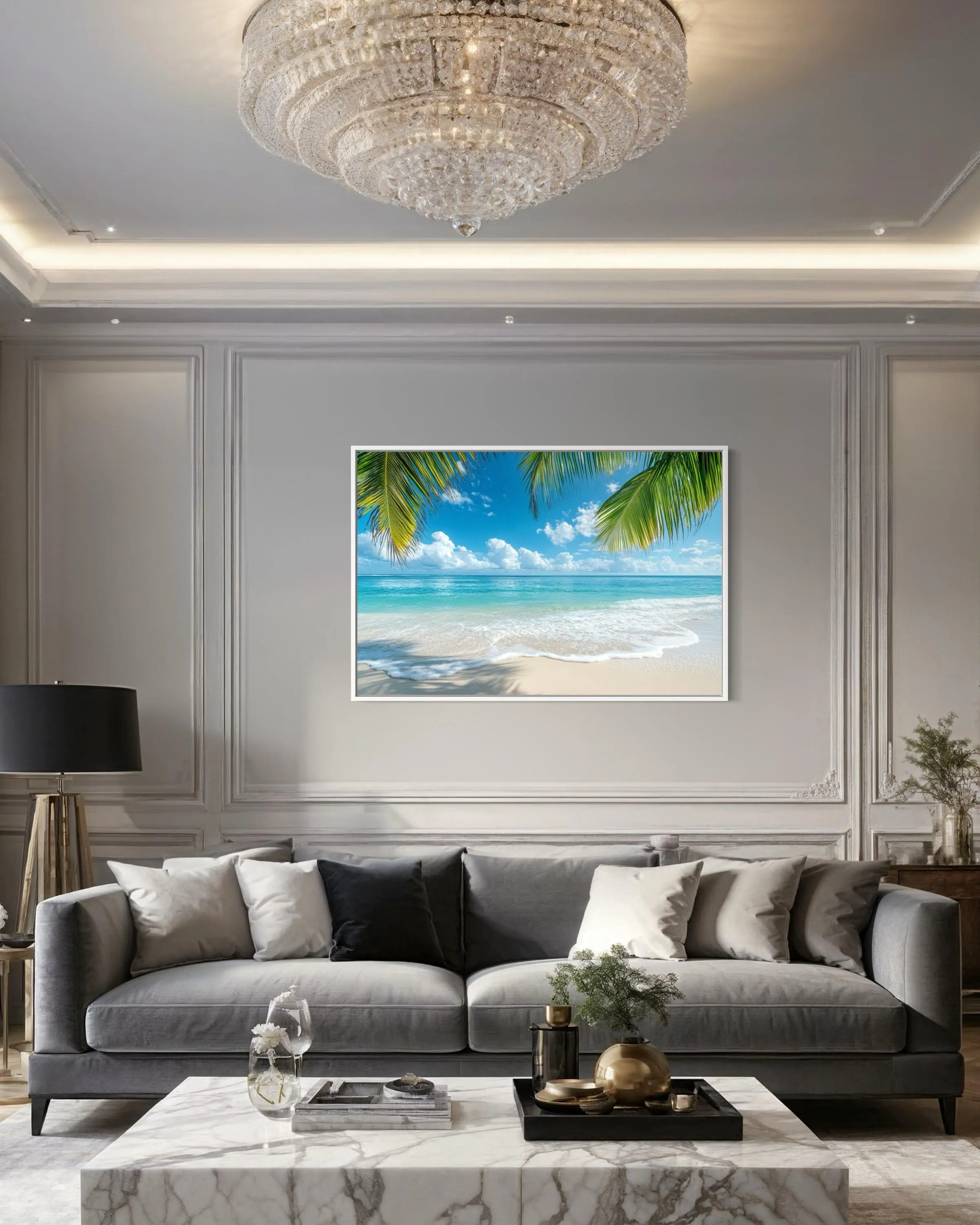 Tropical Beach With Palm Tree Framed Canvas Wall Art