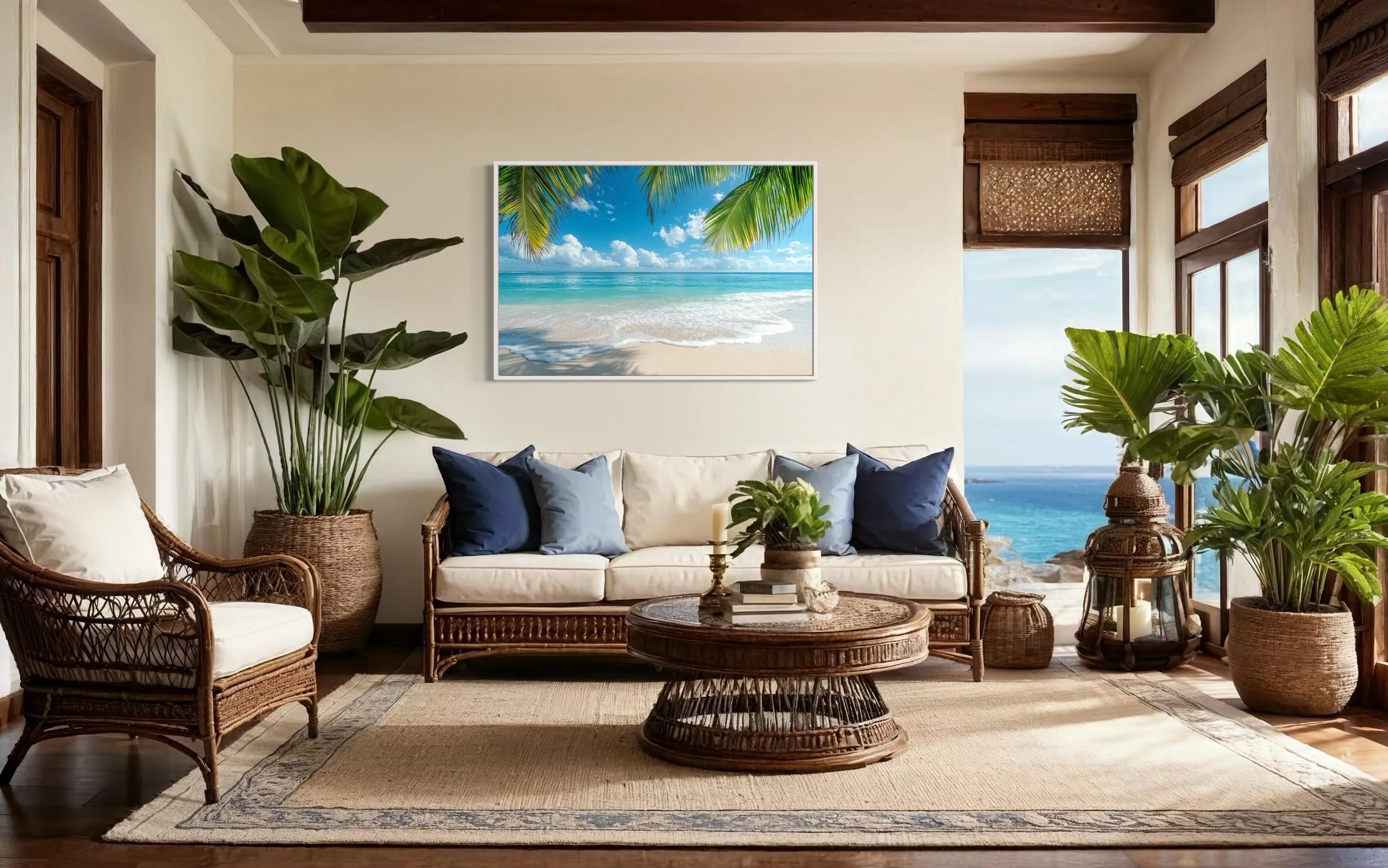Tropical Beach With Palm Tree Framed Canvas Wall Art