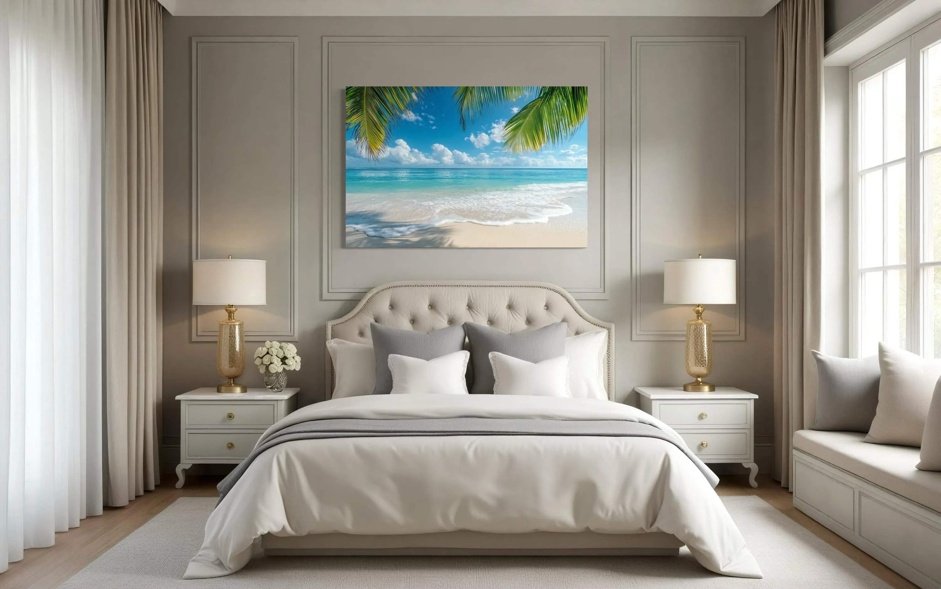 Tropical Beach With Palm Tree Framed Canvas Wall Art