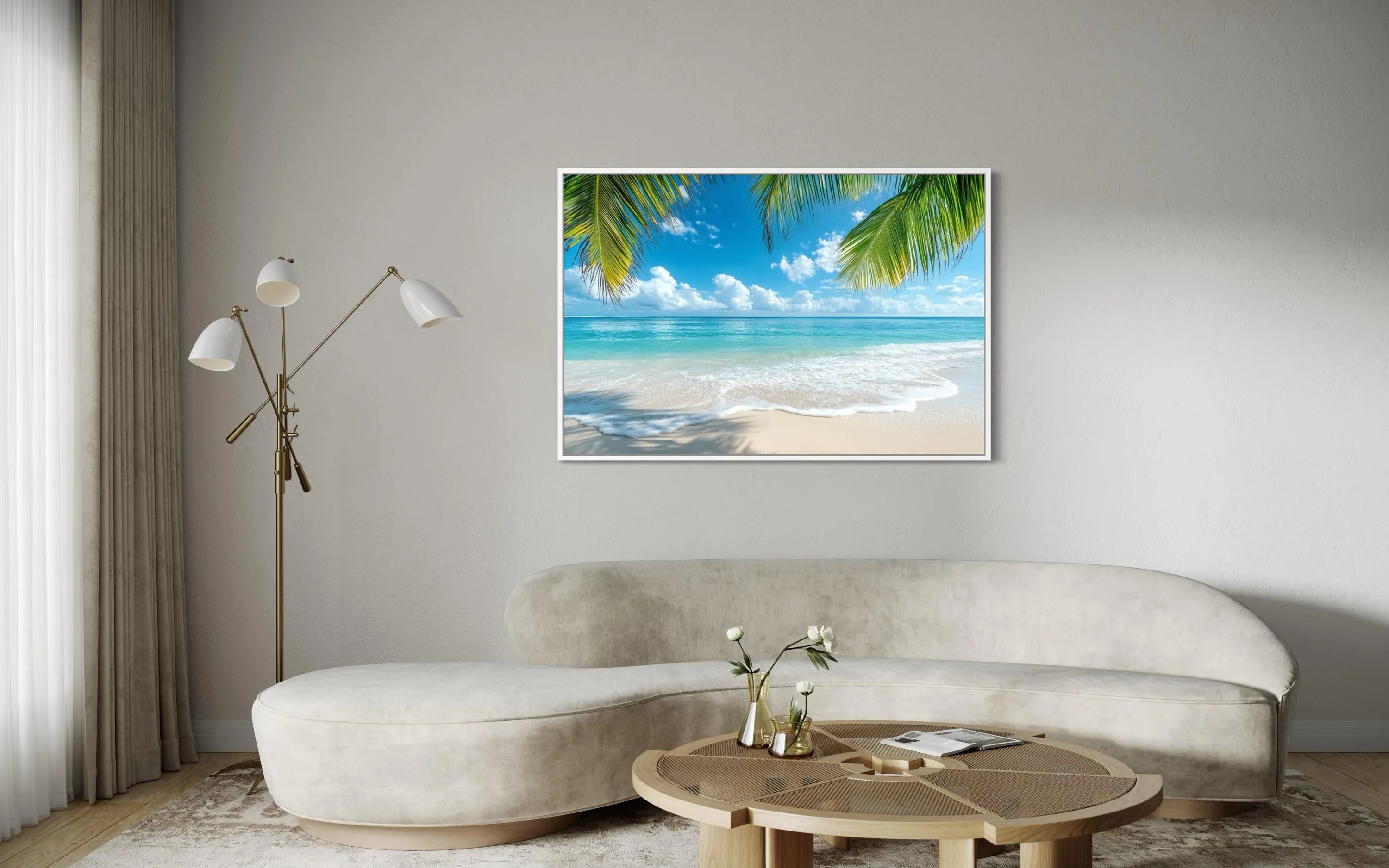 Tropical Beach With Palm Tree Framed Canvas Wall Art
