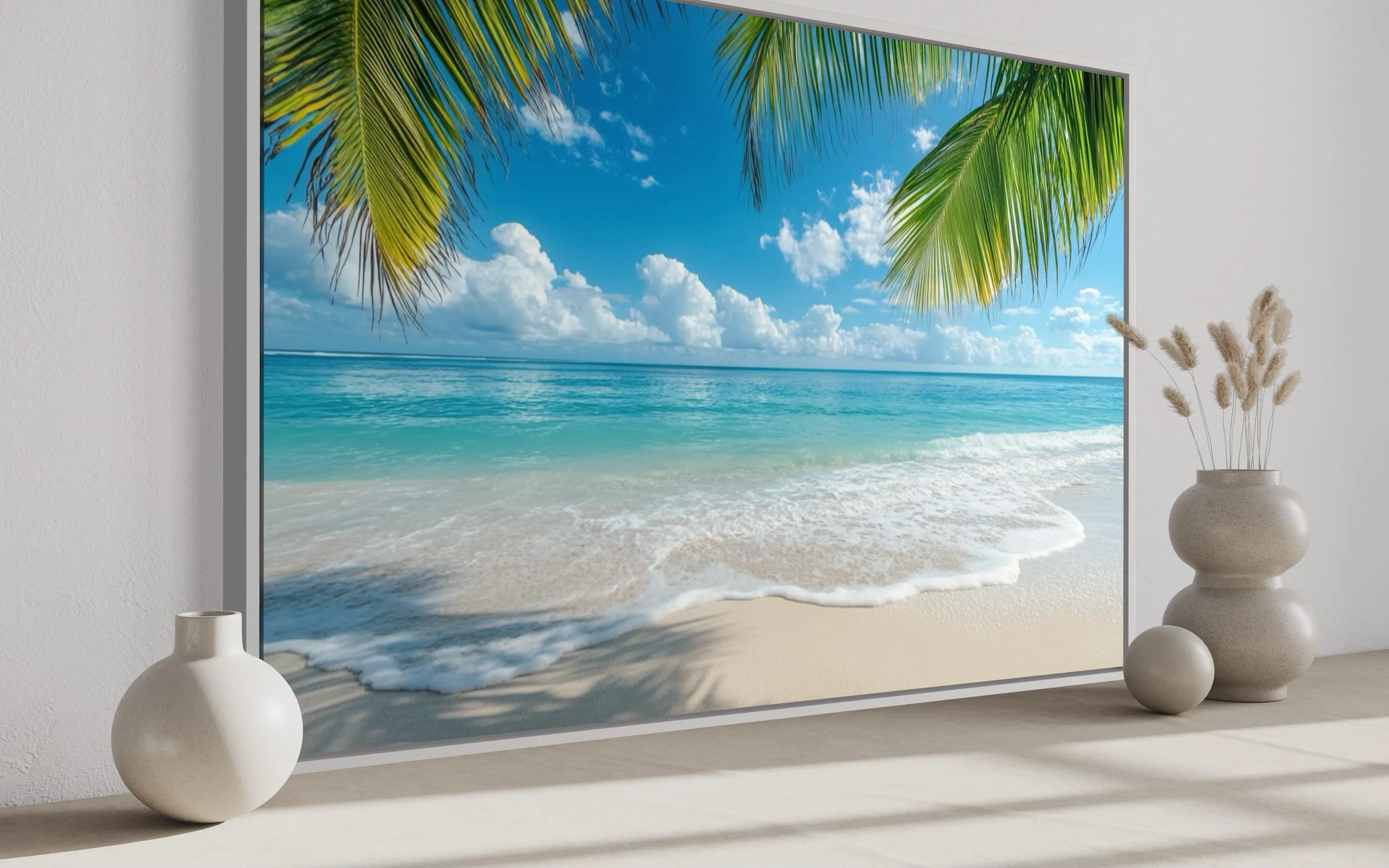 Tropical Beach With Palm Tree Framed Canvas Wall Art