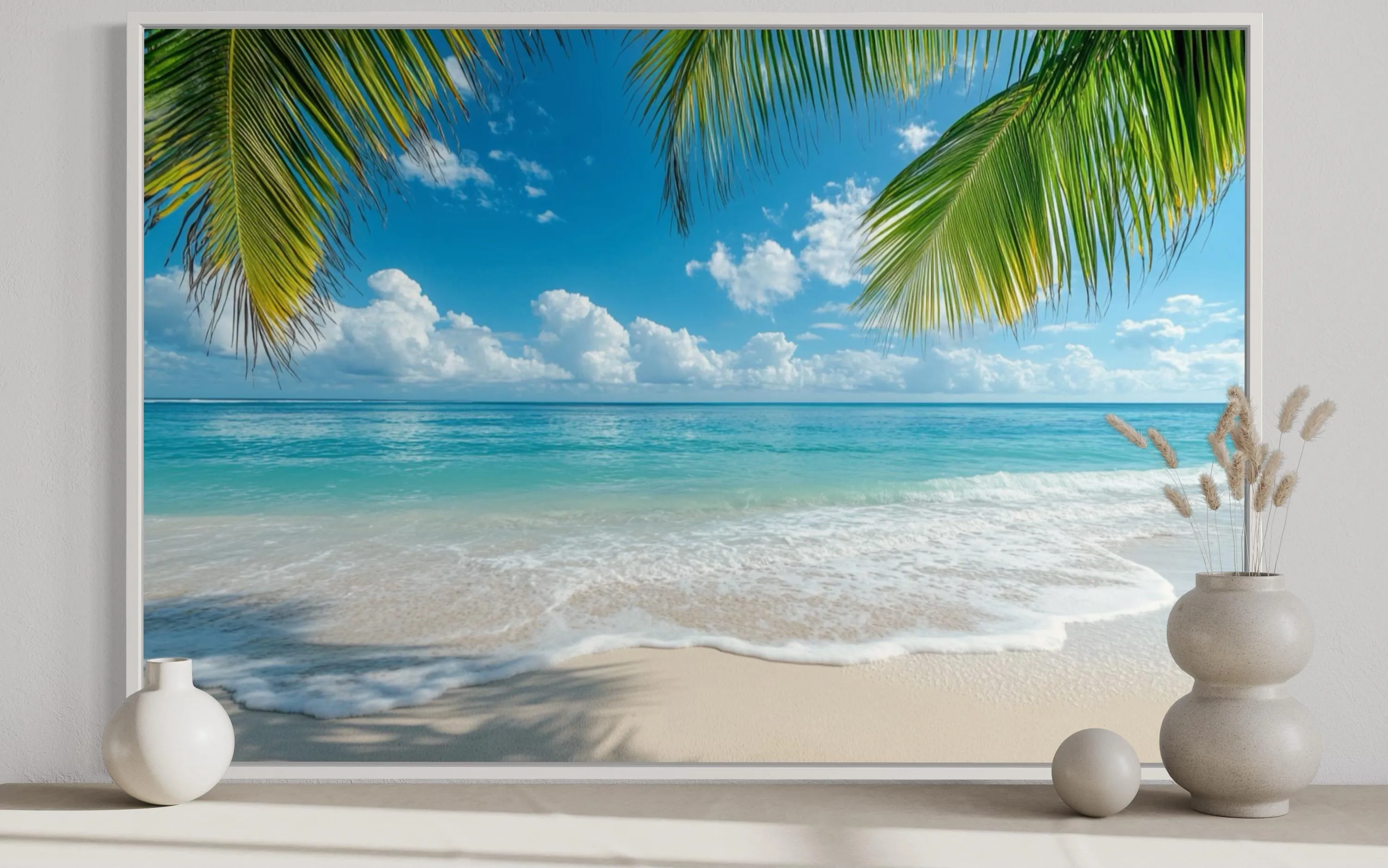 Tropical Beach With Palm Tree Framed Canvas Wall Art