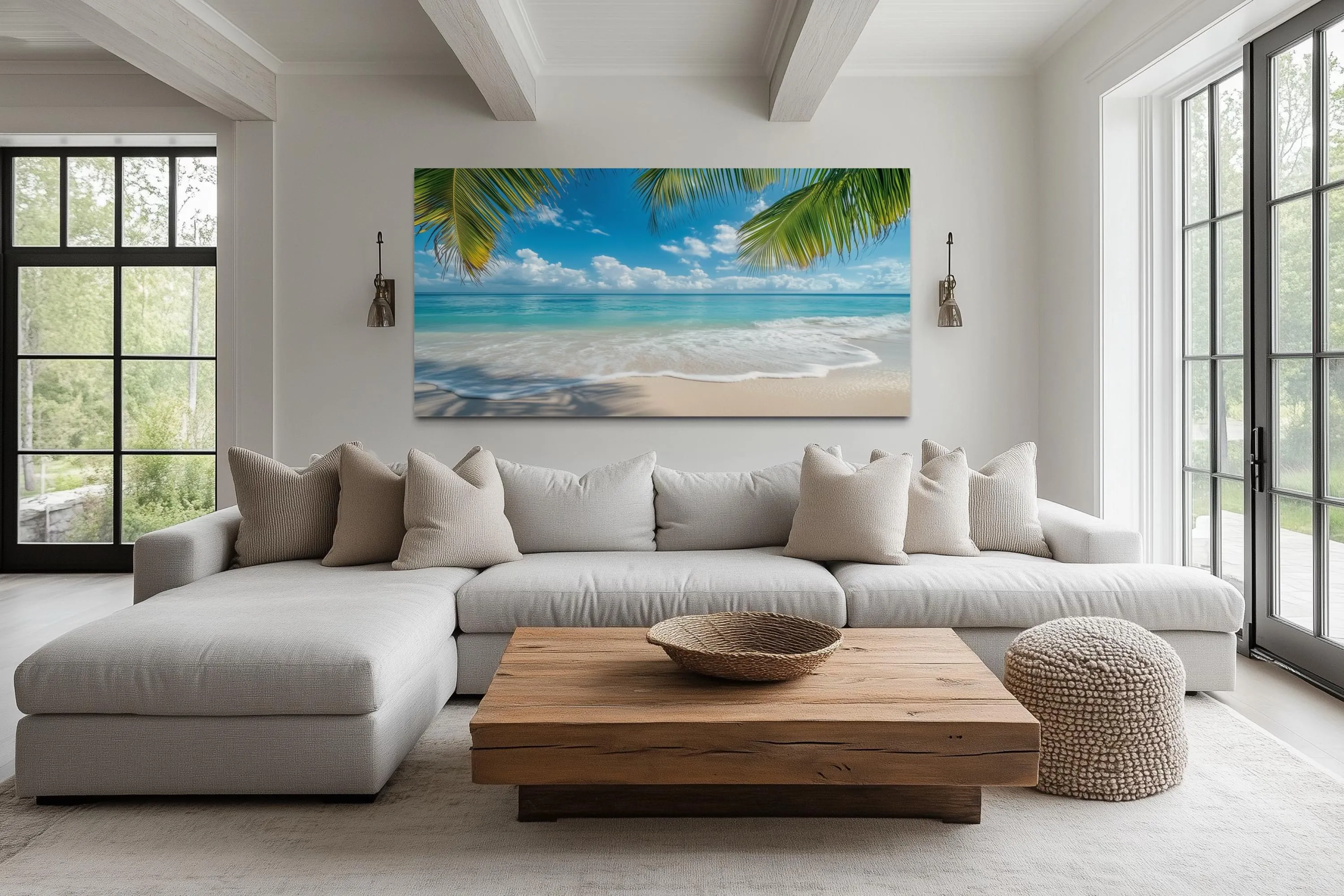 Tropical Beach With Palm Trees Framed Canvas Wall Art