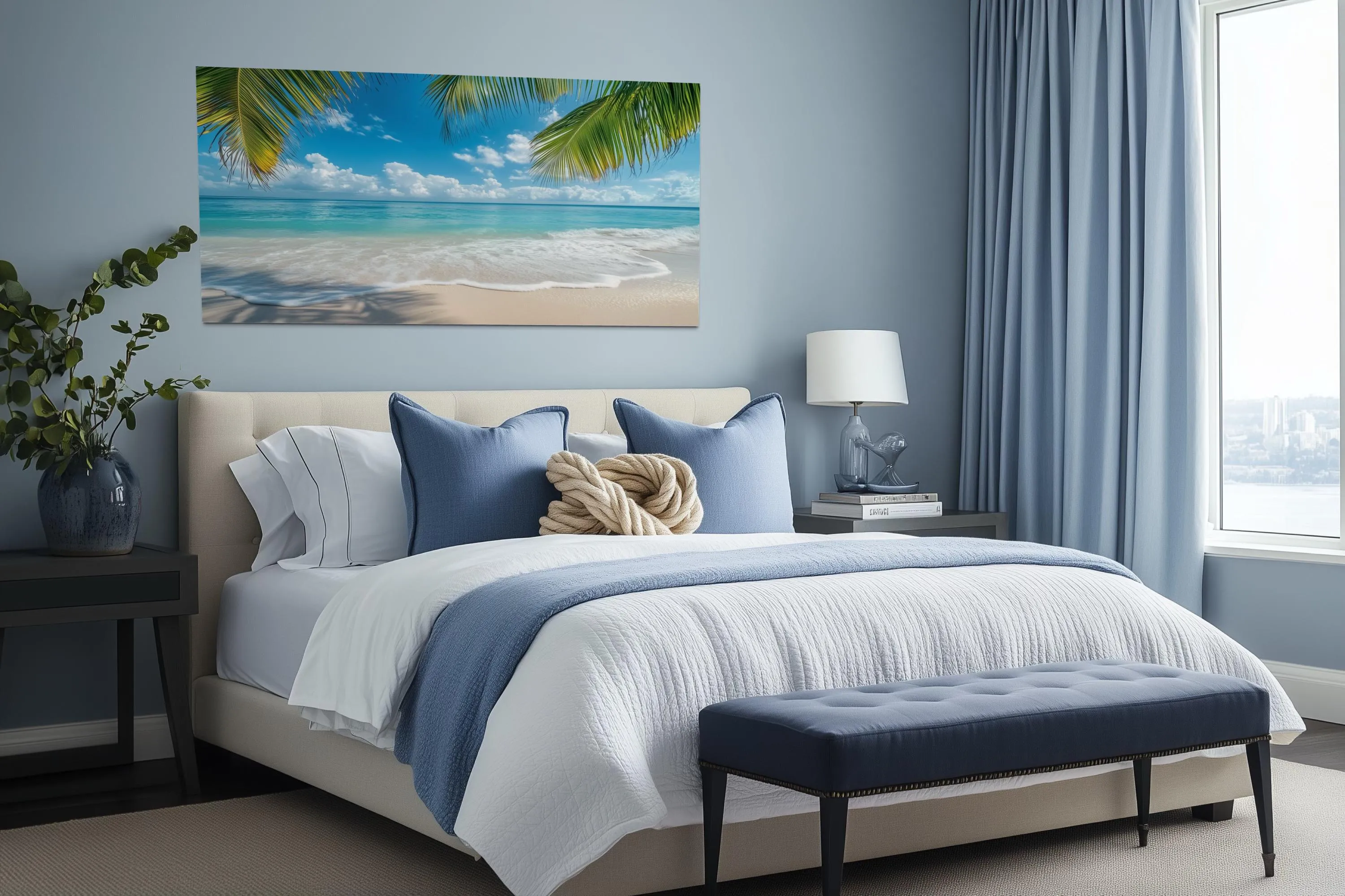 Tropical Beach With Palm Trees Framed Canvas Wall Art