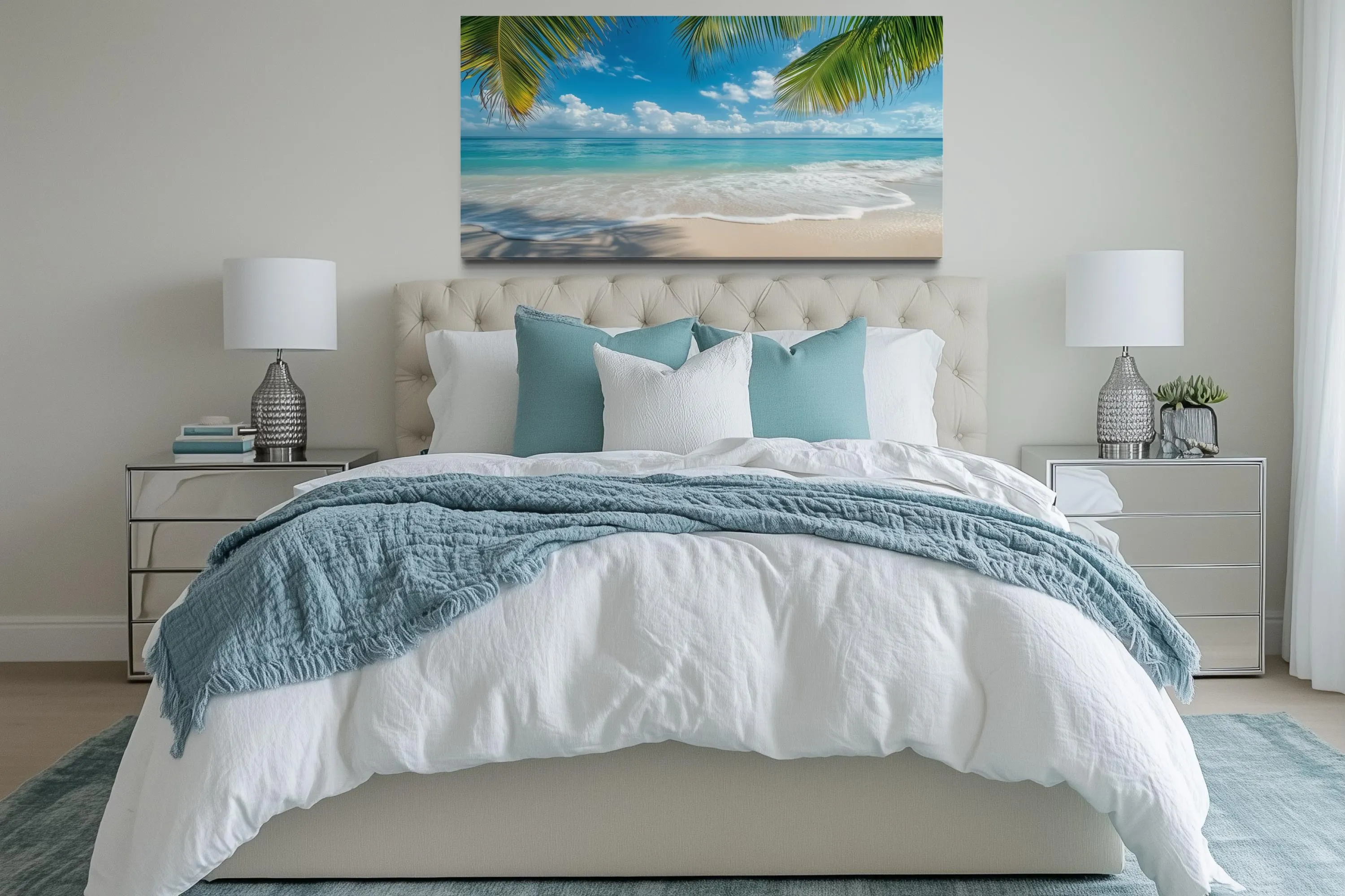 Tropical Beach With Palm Trees Framed Canvas Wall Art