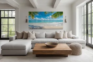 Tropical Beach With Palm Trees Framed Canvas Wall Art
