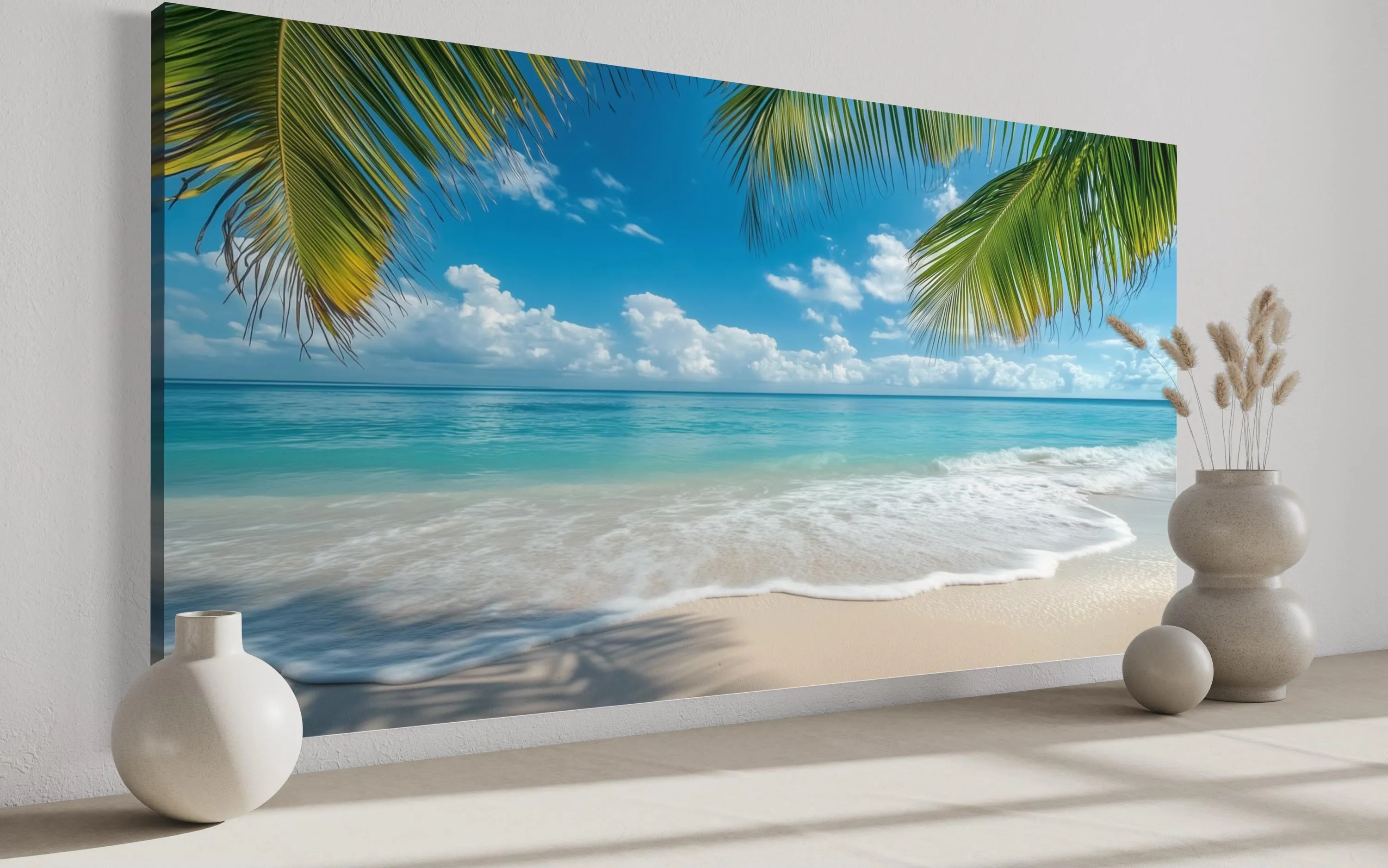 Tropical Beach With Palm Trees Framed Canvas Wall Art