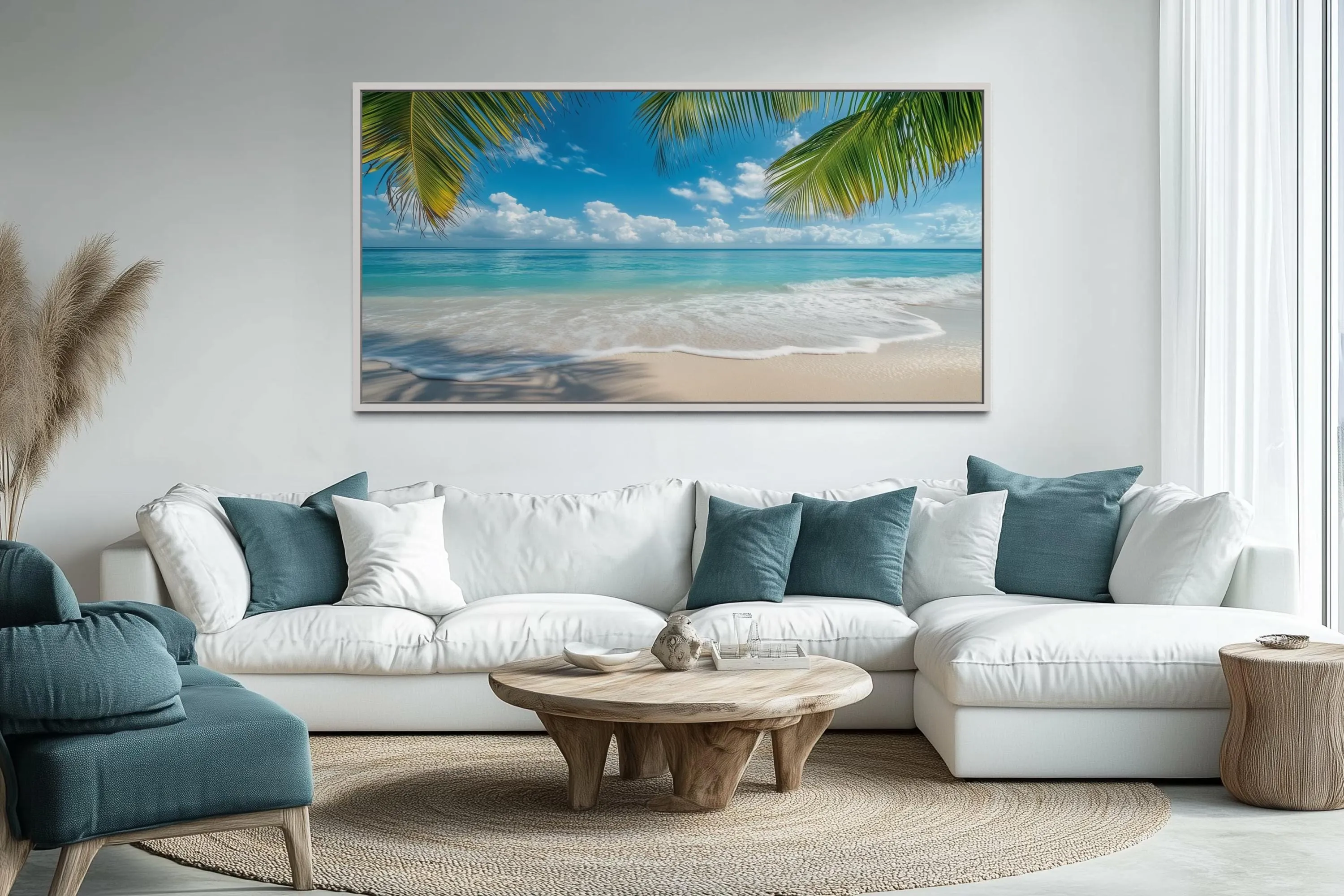 Tropical Beach With Palm Trees Framed Canvas Wall Art