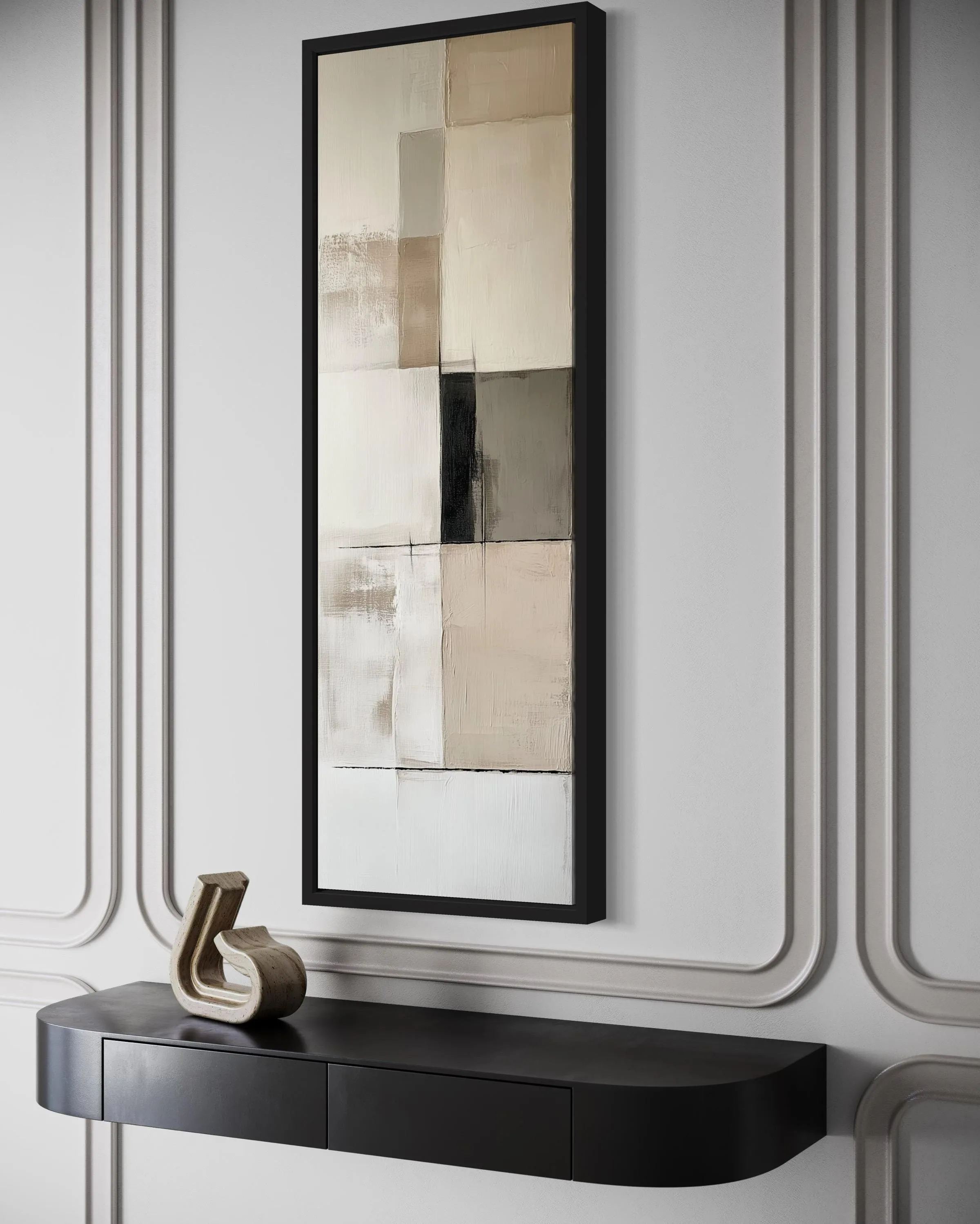 Vertical Abstract Neutral Geometric Beige Black And White Wall Art