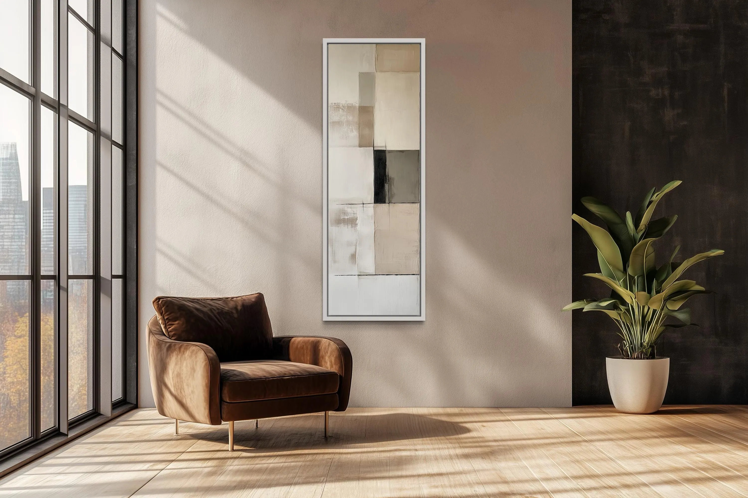 Vertical Abstract Neutral Geometric Beige Black And White Wall Art